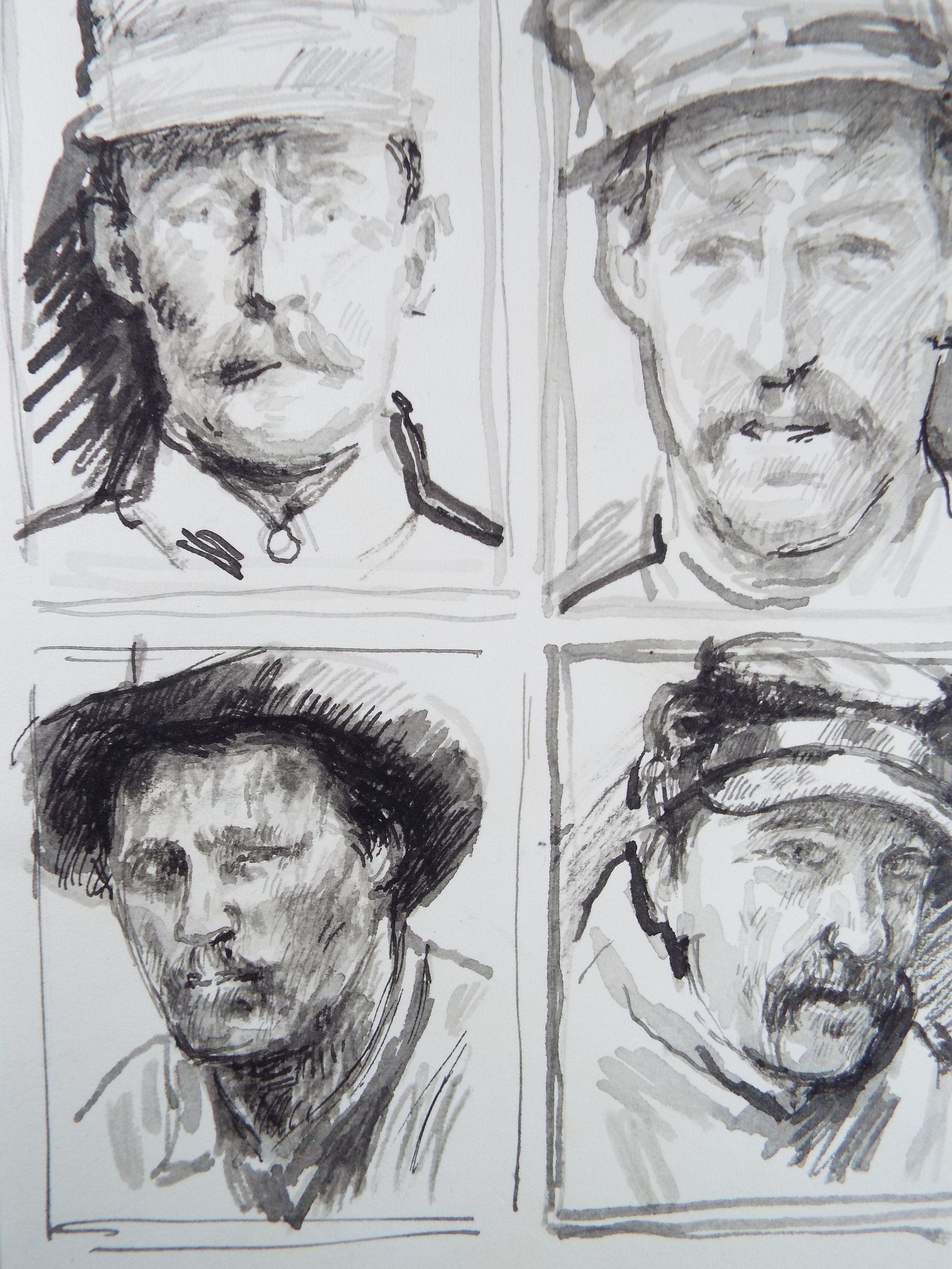 Original Pen and Black Wash Sketch 'Portraits of American Soldiers in Civil war Uniform', c1990s, Michael Stennett (British 1946-2020)