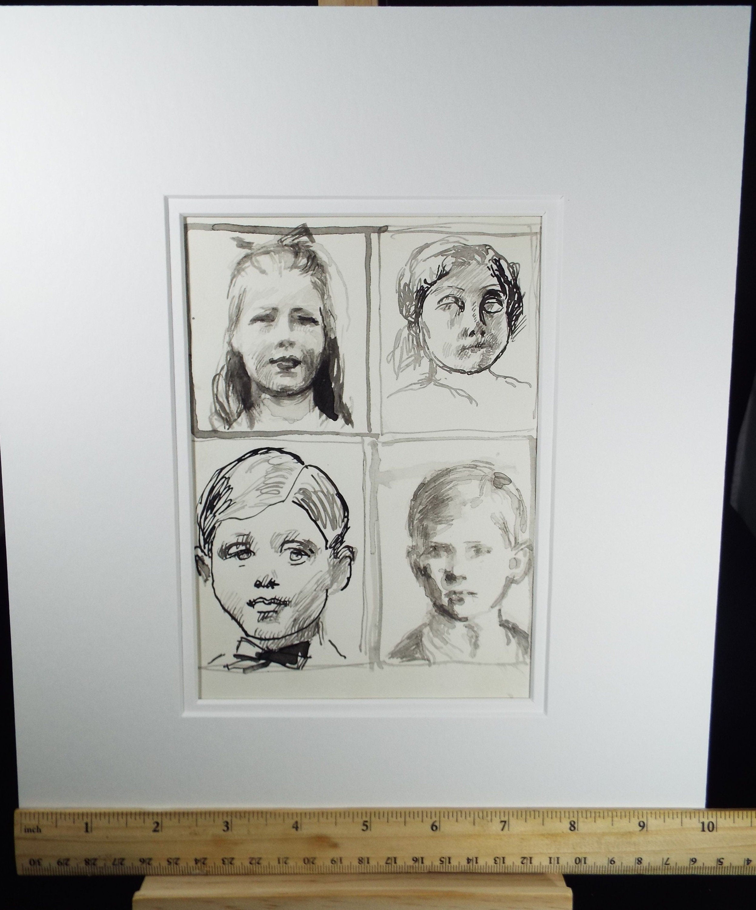 Original Pen and Black Wash Sketch 'Portraits of Boys and Girls', c1990s, Michael Stennett (British 1946-2020)