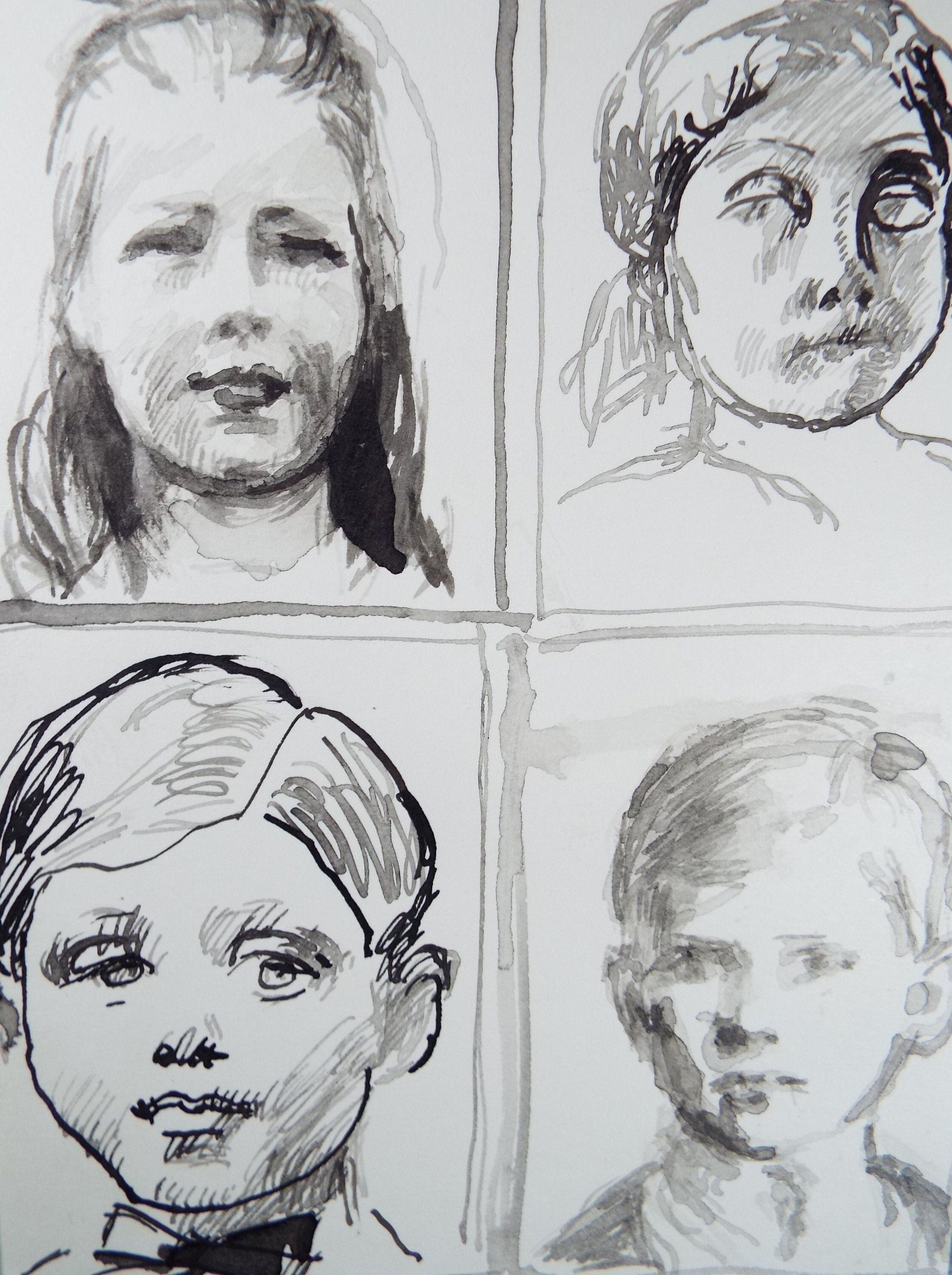 Original Pen and Black Wash Sketch 'Portraits of Boys and Girls', c1990s, Michael Stennett (British 1946-2020)