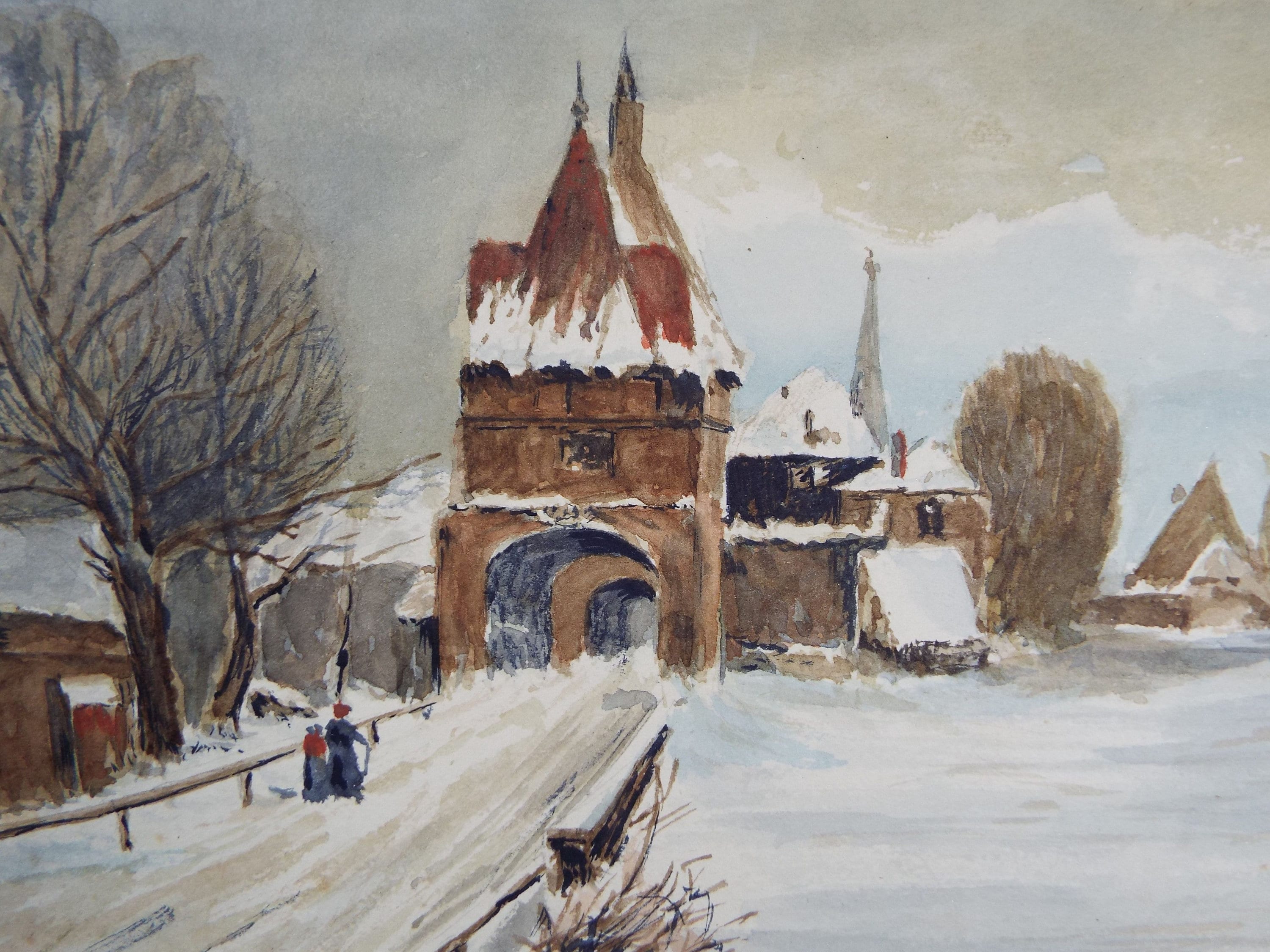 Original Watercolour, 'Medieval Town Gate in the Snow' c1900-1920, Unknown Artist
