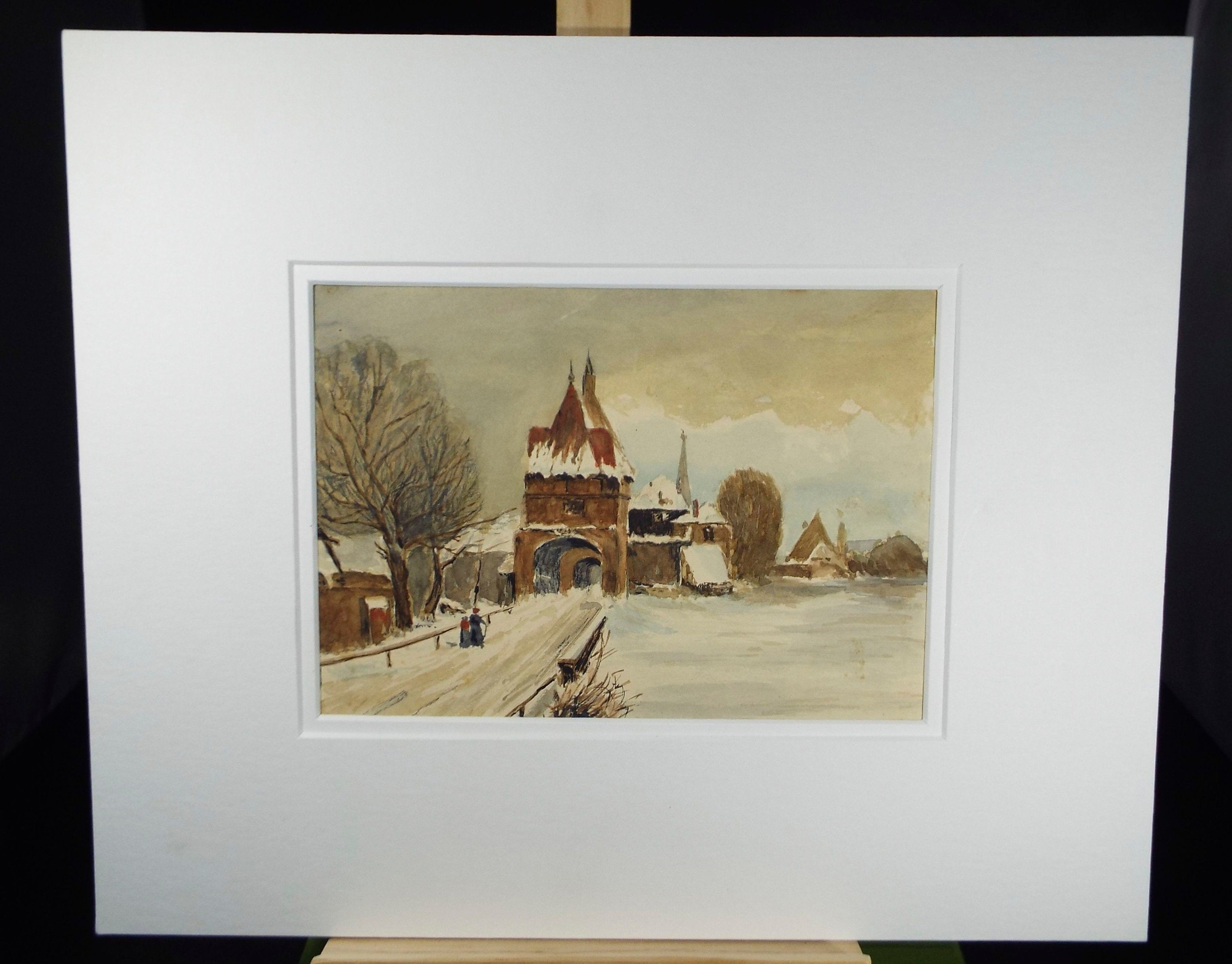 Original Watercolour, 'Medieval Town Gate in the Snow' c1900-1920, Unknown Artist