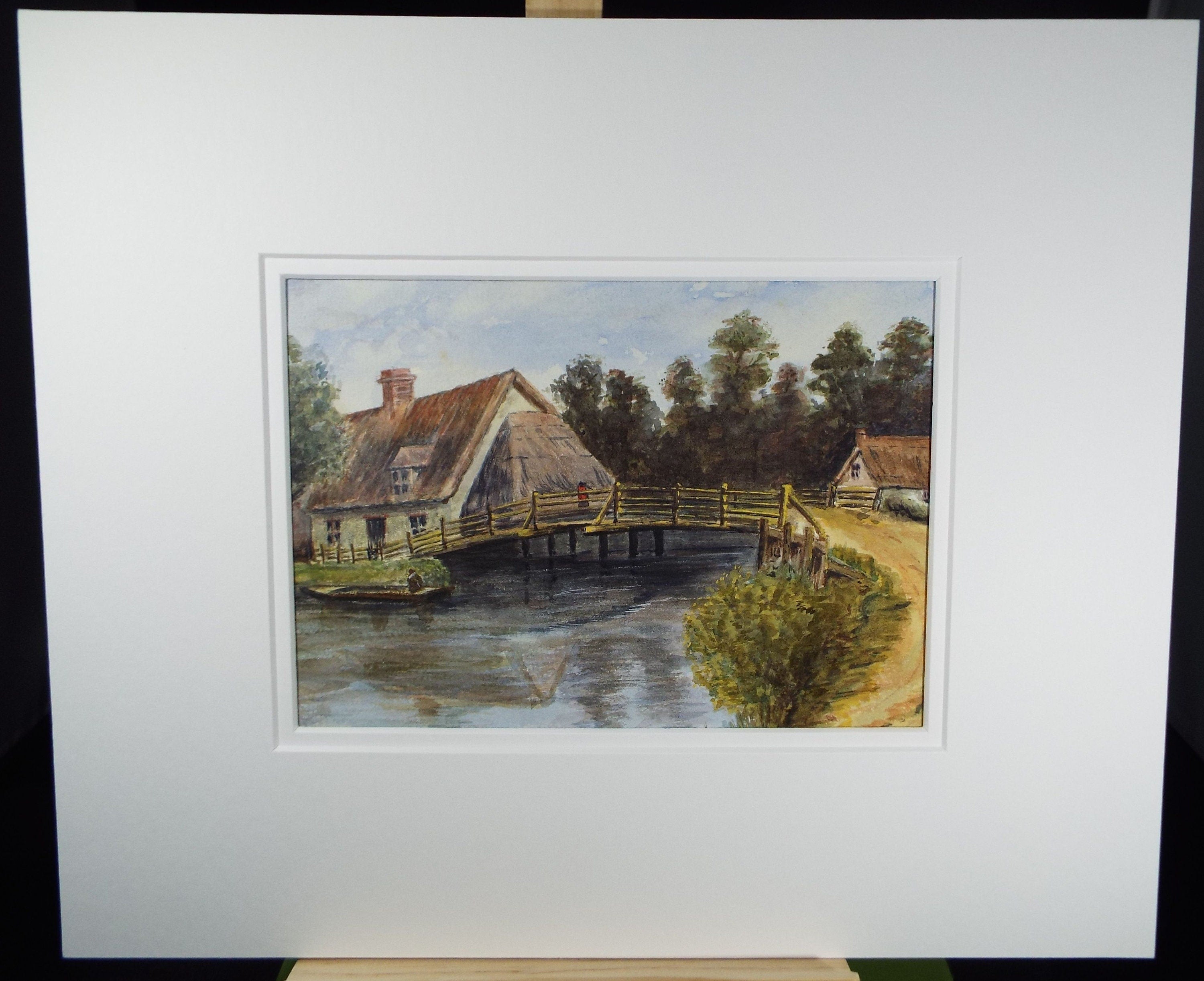 Original Watercolour, Thatched Cottage and Wooden Bridge with figure, c1910, Unknown Artist