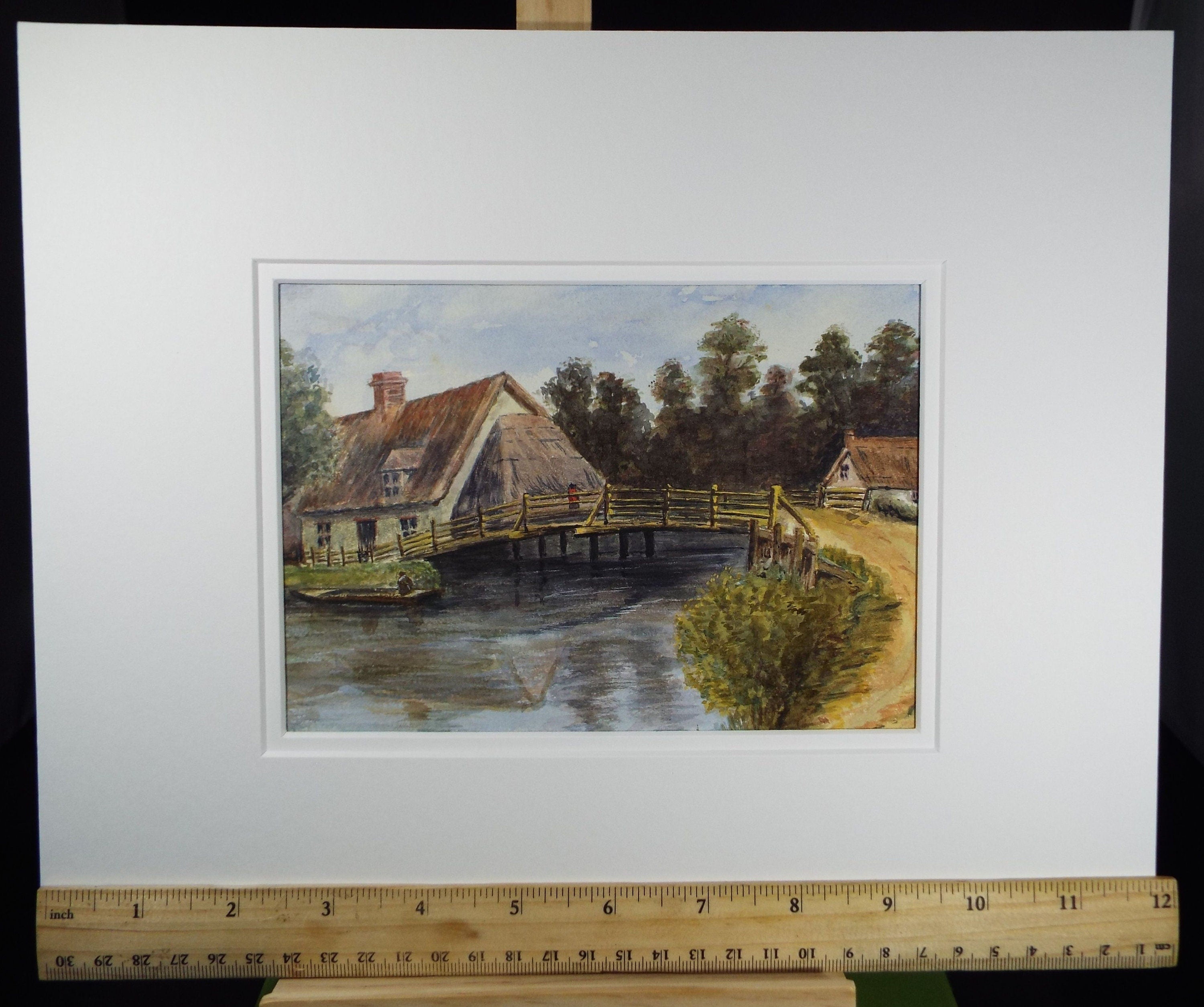 Original Watercolour, Thatched Cottage and Wooden Bridge with figure, c1910, Unknown Artist