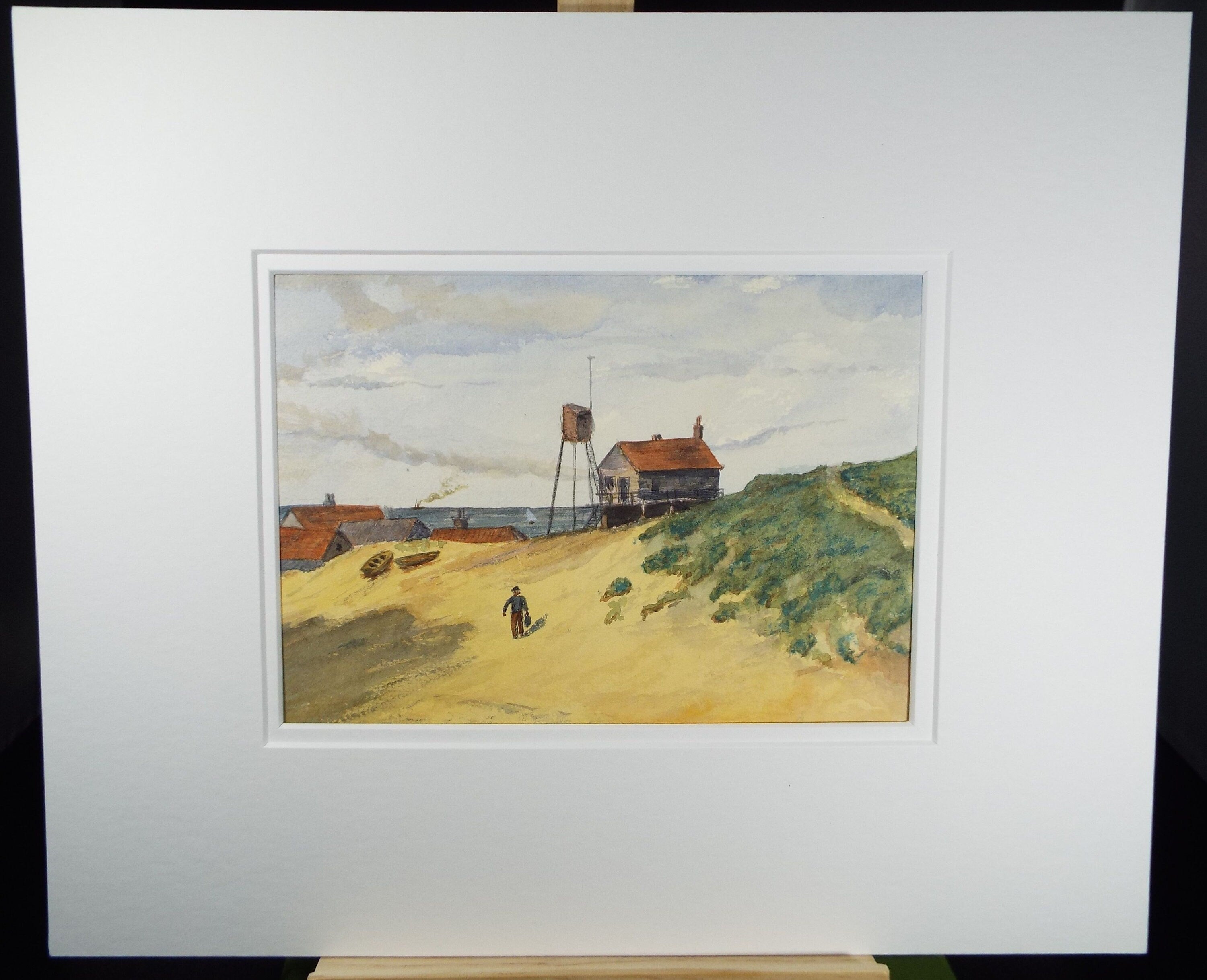 Original Watercolour, 'Sand Dunes with Huts and Figure', c1910, Unknown Artist