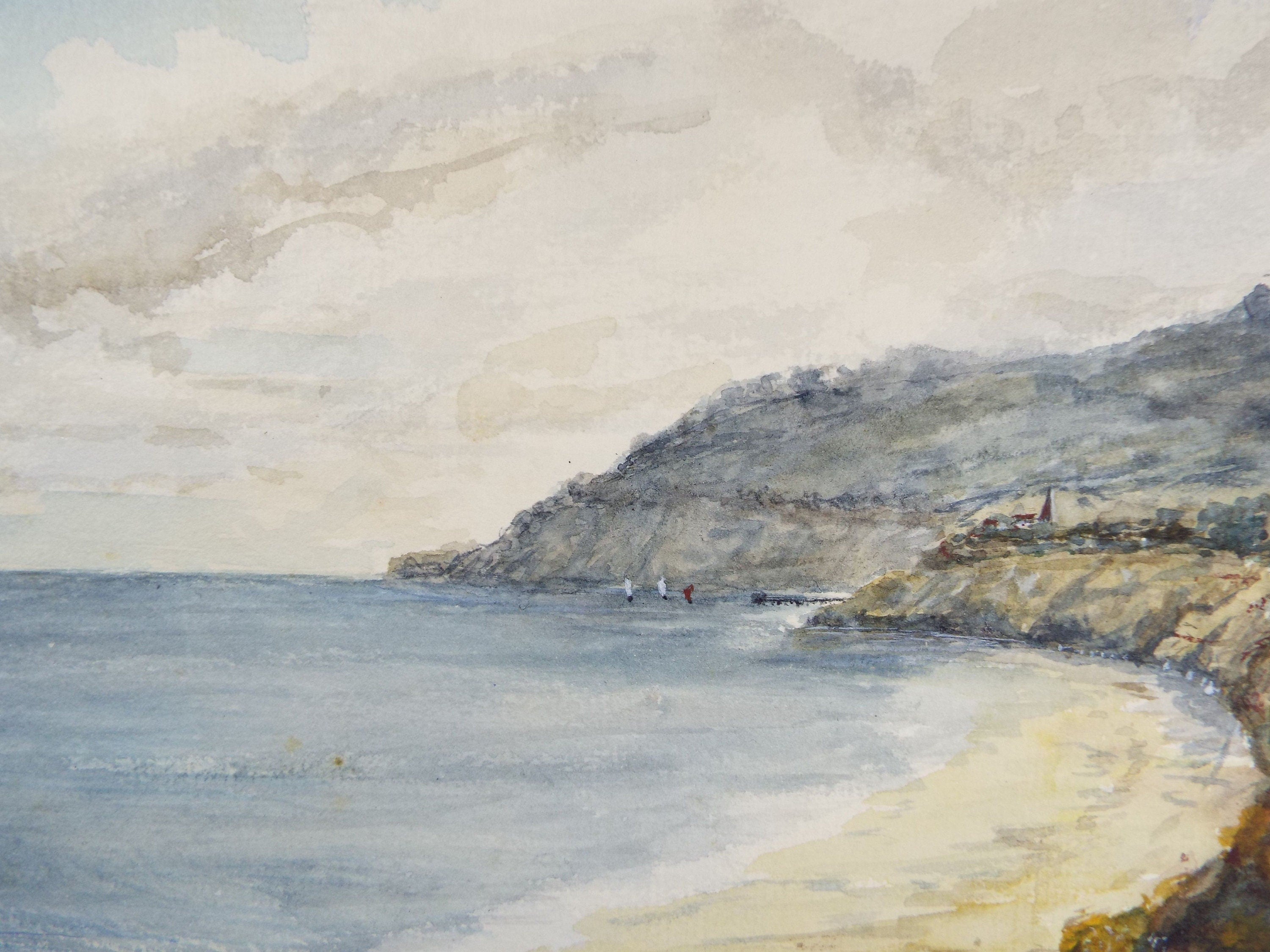 Original Watercolour, 'Bay with Beach and Distant Boats', c1910, Unknown Artist