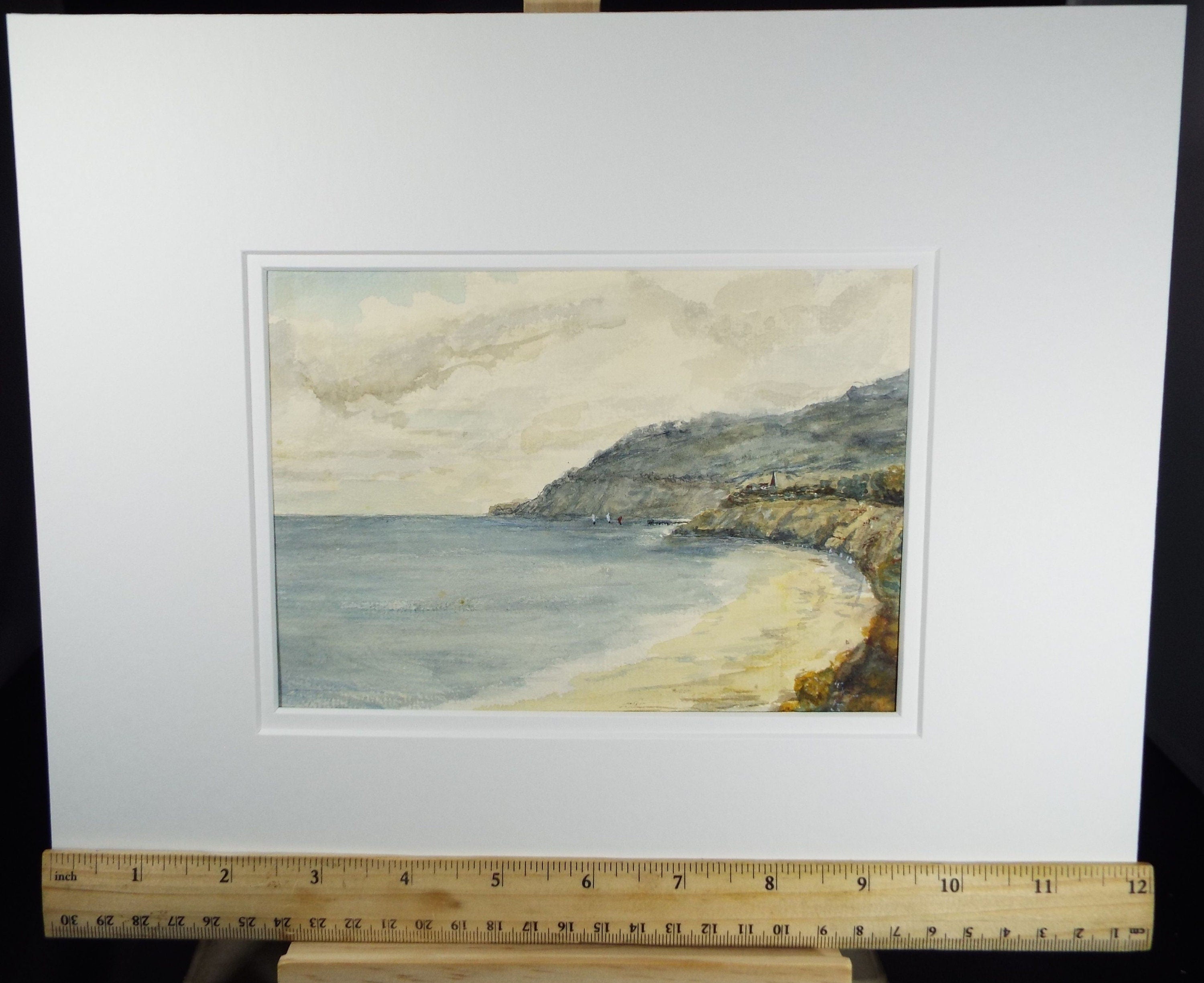 Original Watercolour, 'Bay with Beach and Distant Boats', c1910, Unknown Artist