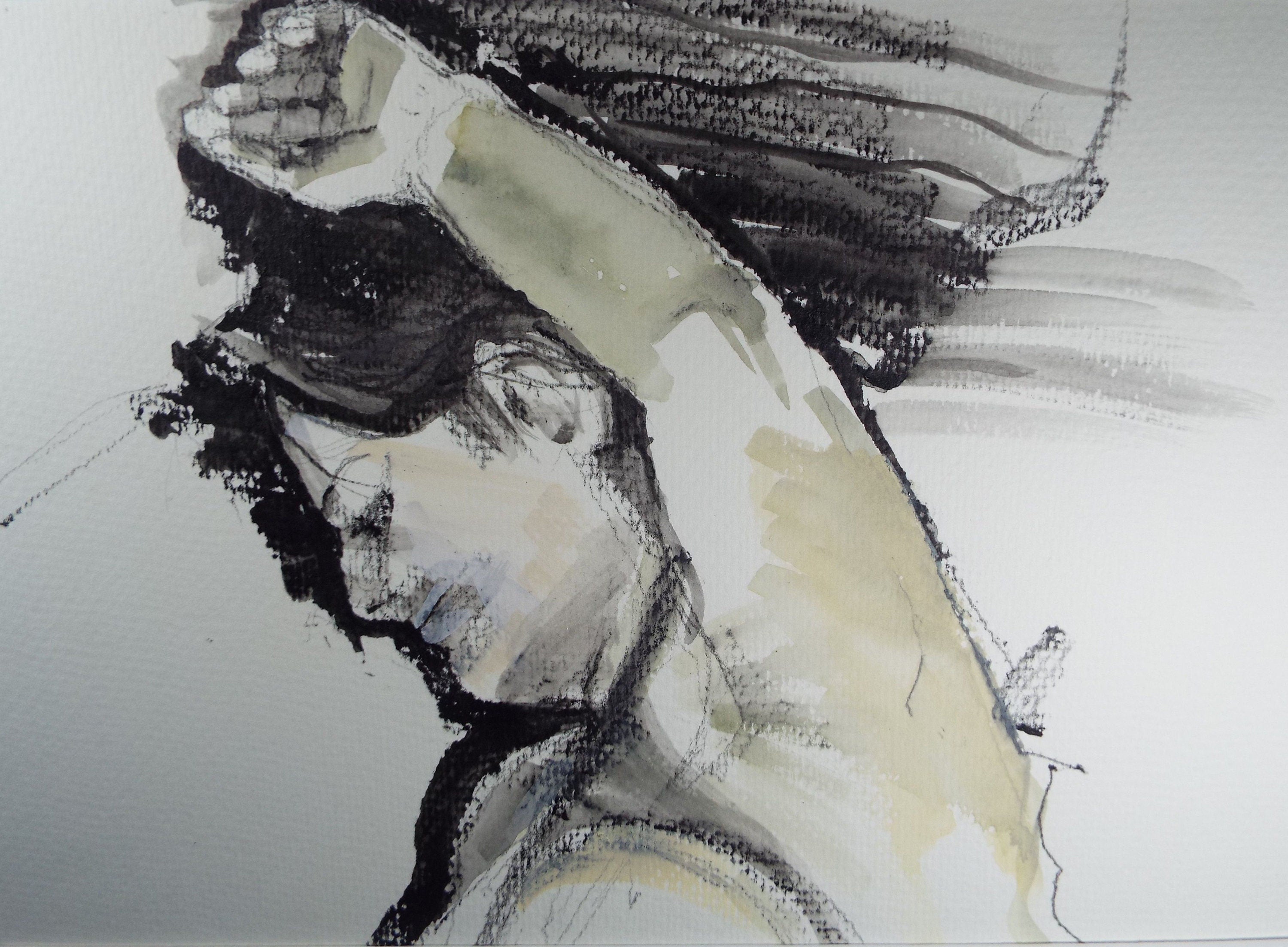 Original Watercolour and Gouache, 'Portrait of a Woman with Left Arm Raised', c1990's, Artist Unknown
