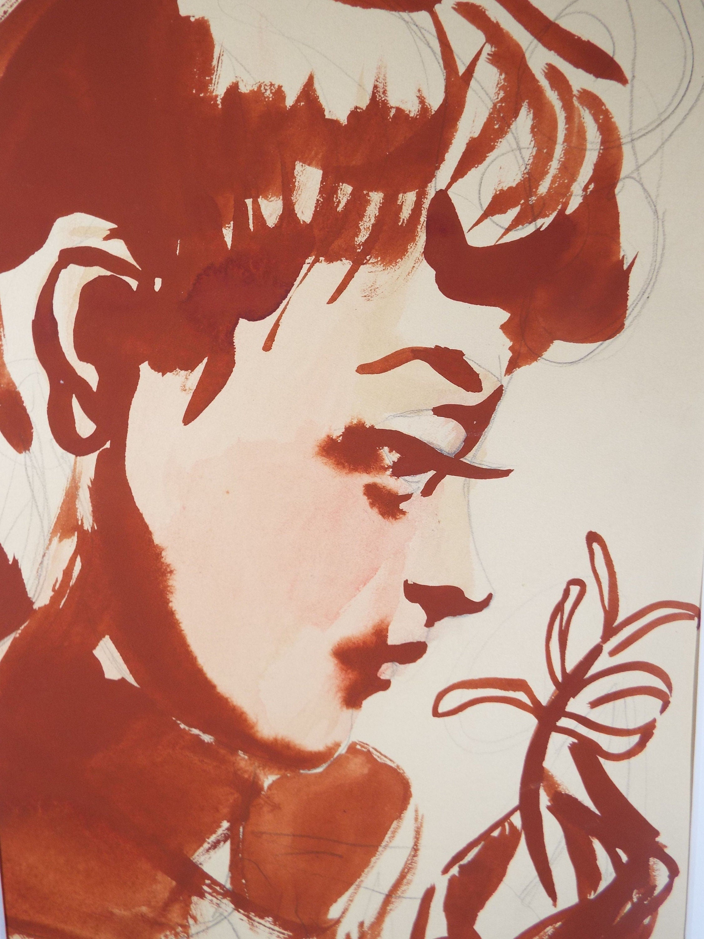 Original Watercolour and Gouache, 'Portrait of Girl Smelling a Flower', c1940's, Artist Unknown