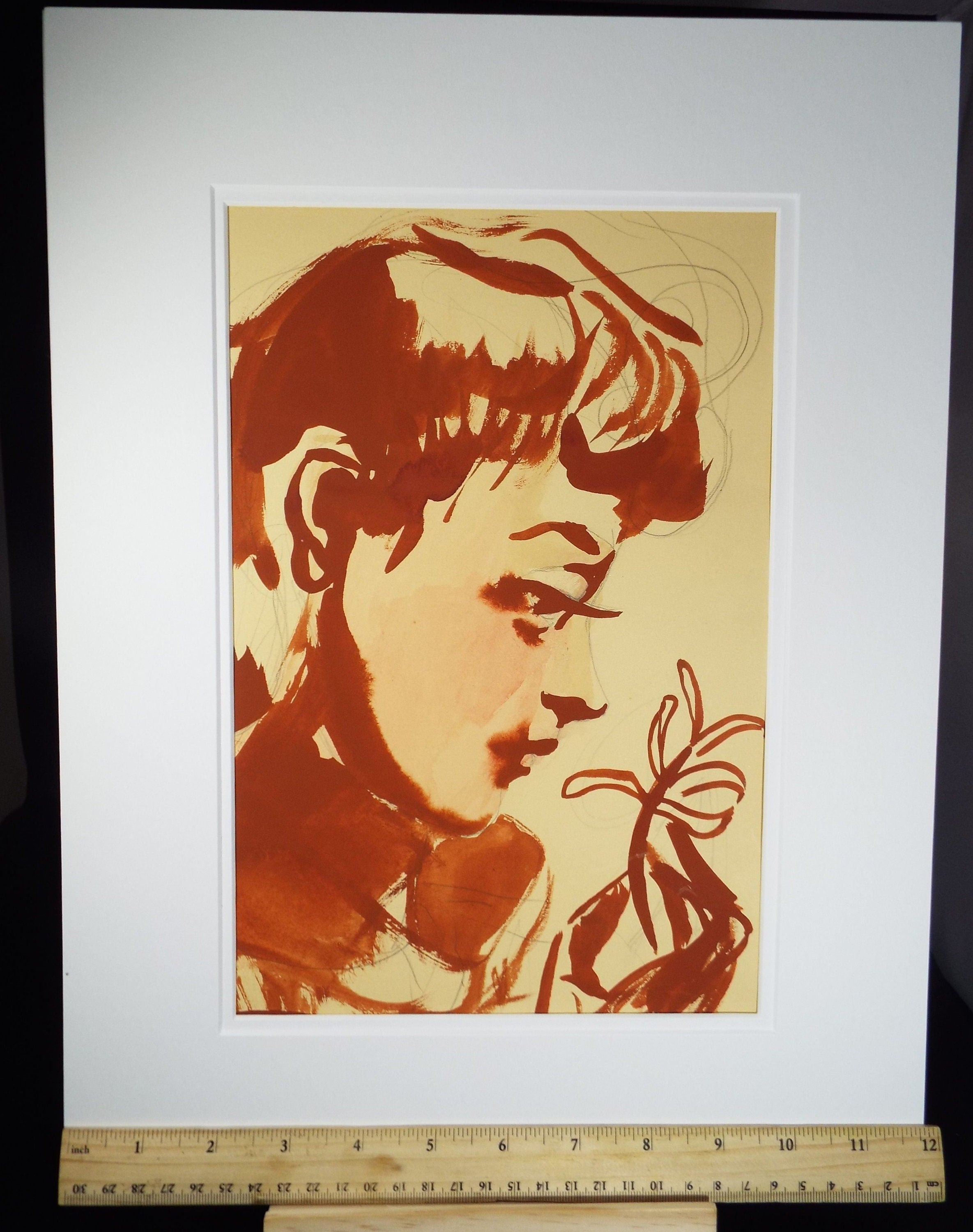 Original Watercolour and Gouache, 'Portrait of Girl Smelling a Flower', c1940's, Artist Unknown
