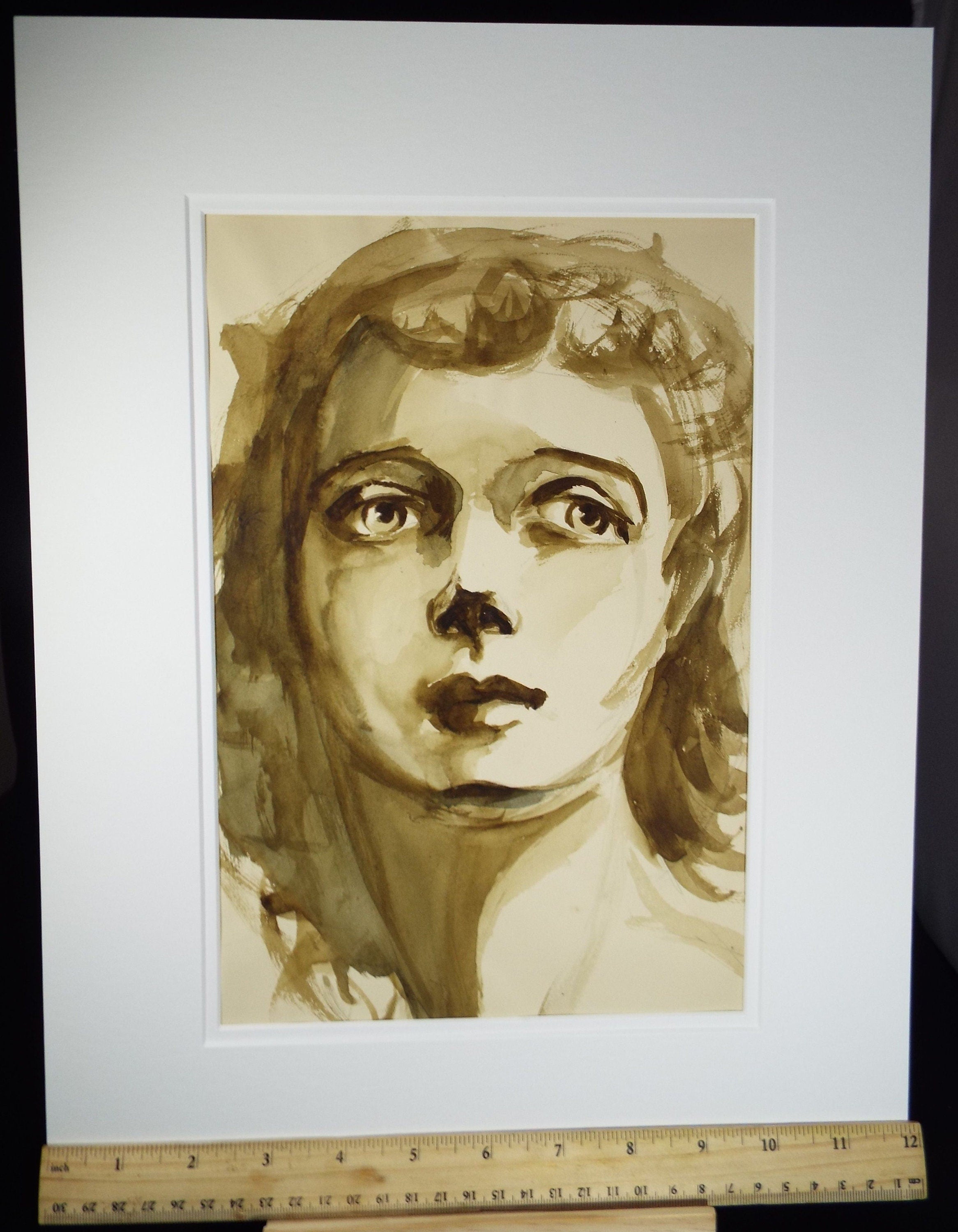 Original Watercolour and Gouache, 'Dramatic Portrait of a Woman', c1950's, Artist Unknown