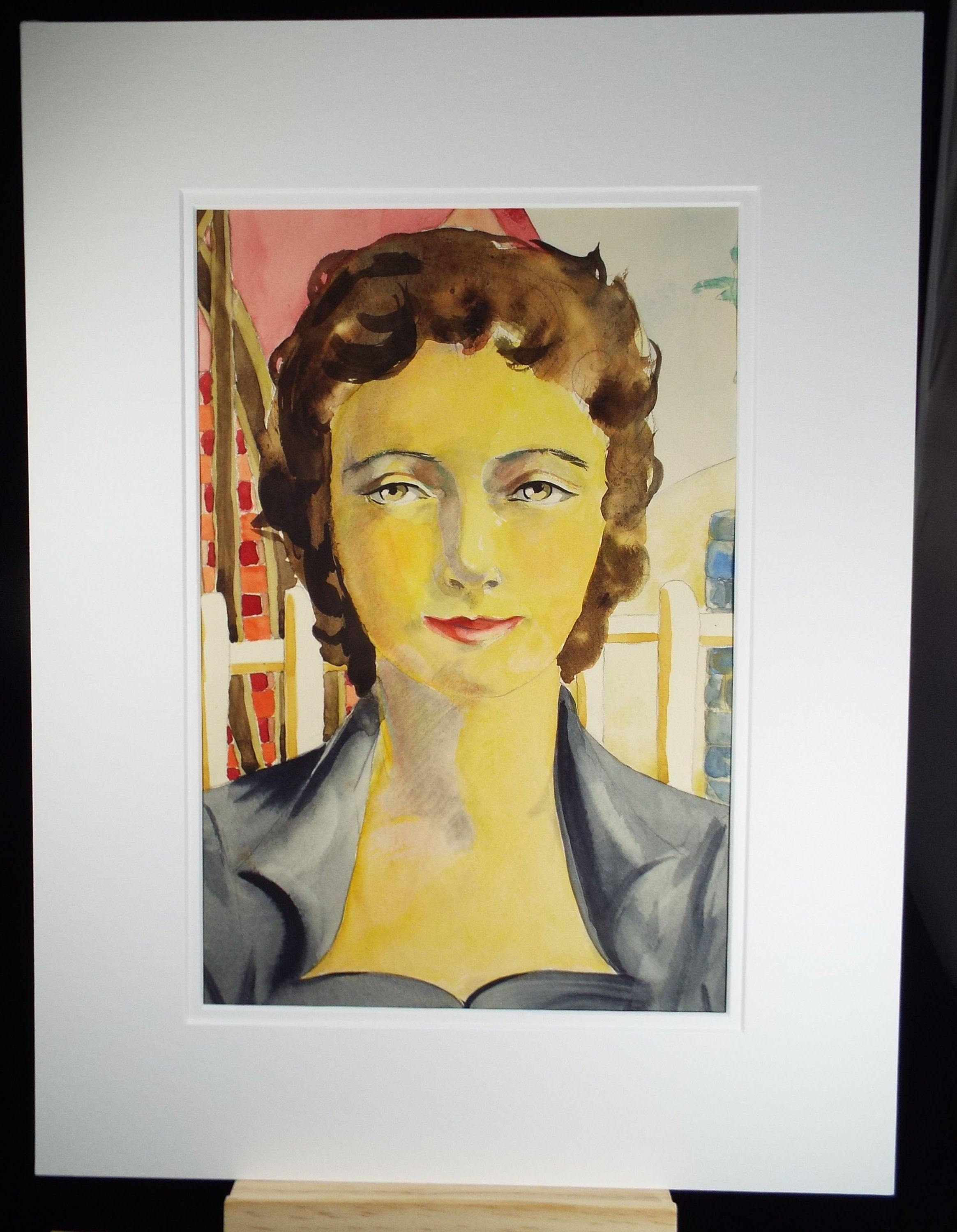 Original Watercolour and Gouache, 'Portrait of Woman in Blue', c1950's, Artist Unknown