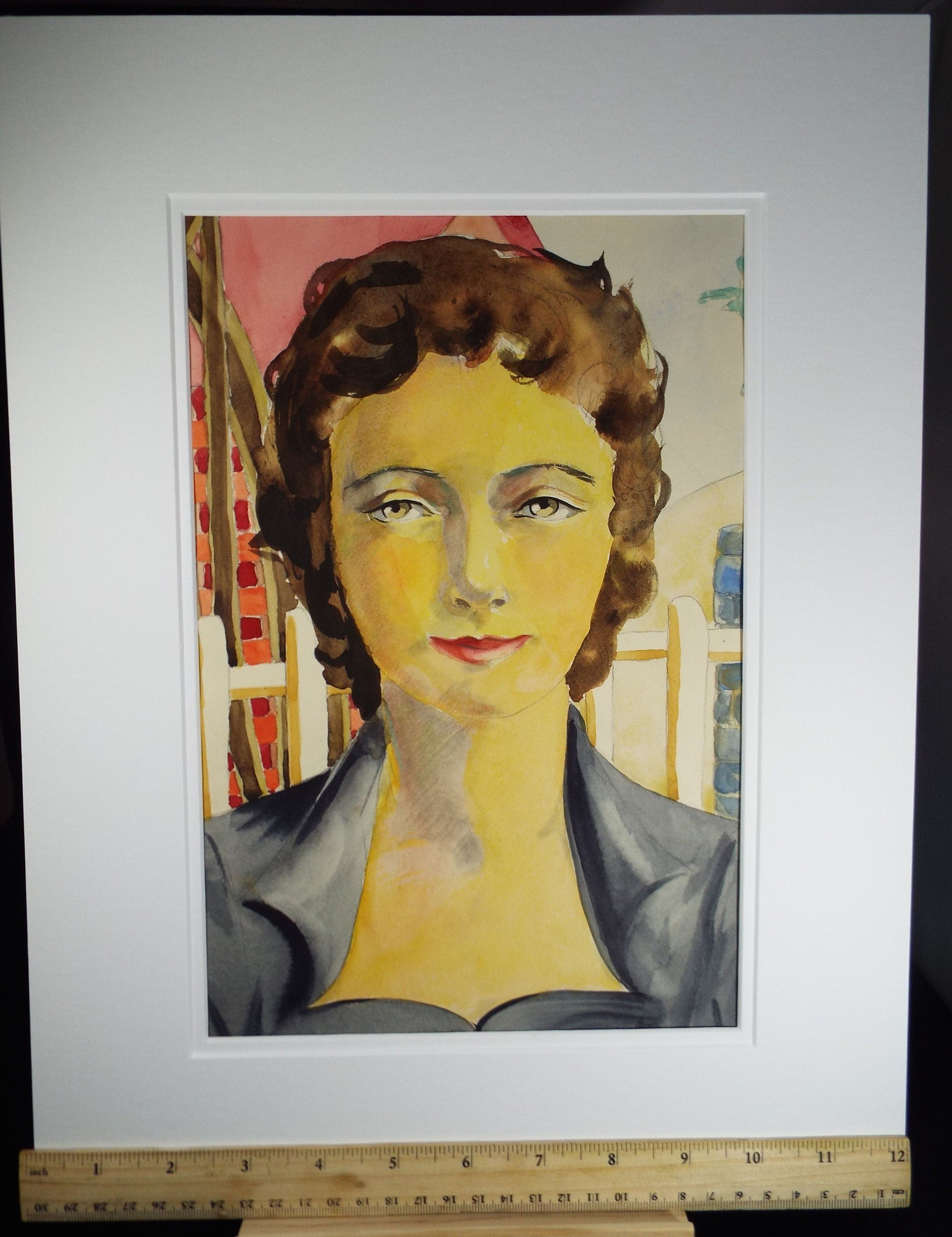 Original Watercolour and Gouache, 'Portrait of Woman in Blue', c1950's, Artist Unknown