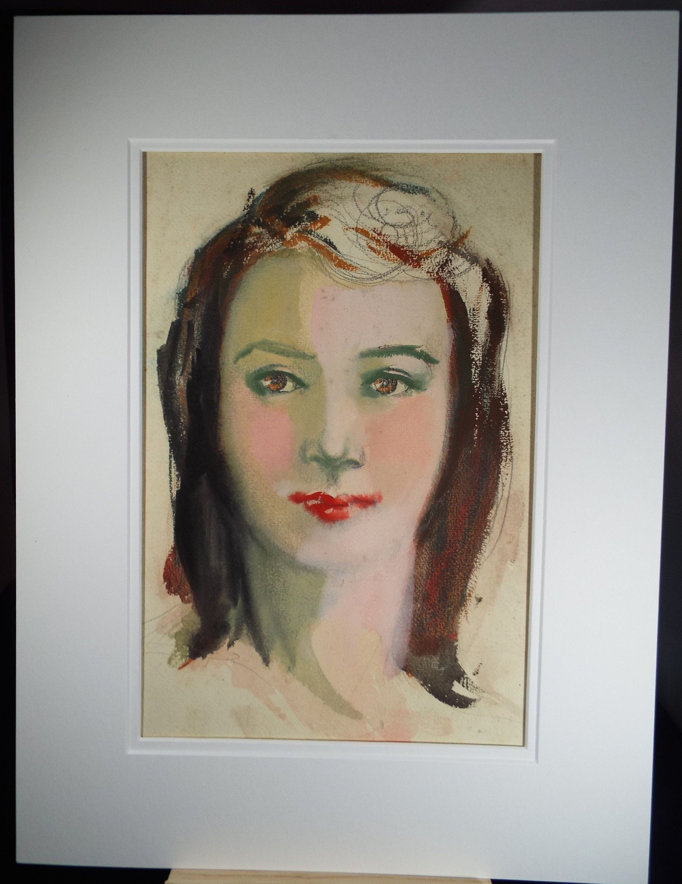 Original Watercolour and Gouache, 'Portrait of Young Woman with Long Hair', c1950's, Artist Unknown