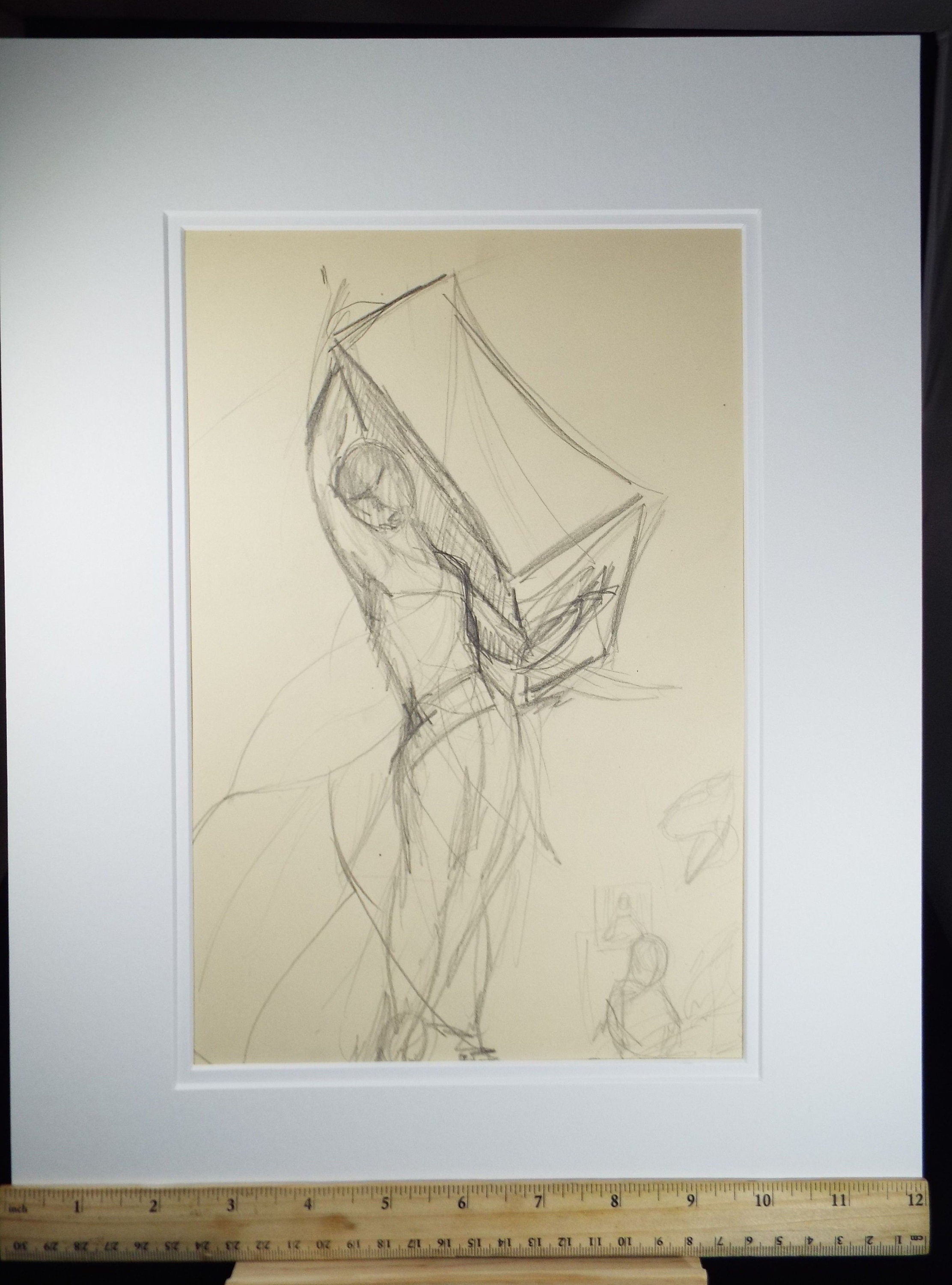 Original Pencil Drawing 'Abstract Portrait Figure Carrying a Box', c1980s, Artist Unknown