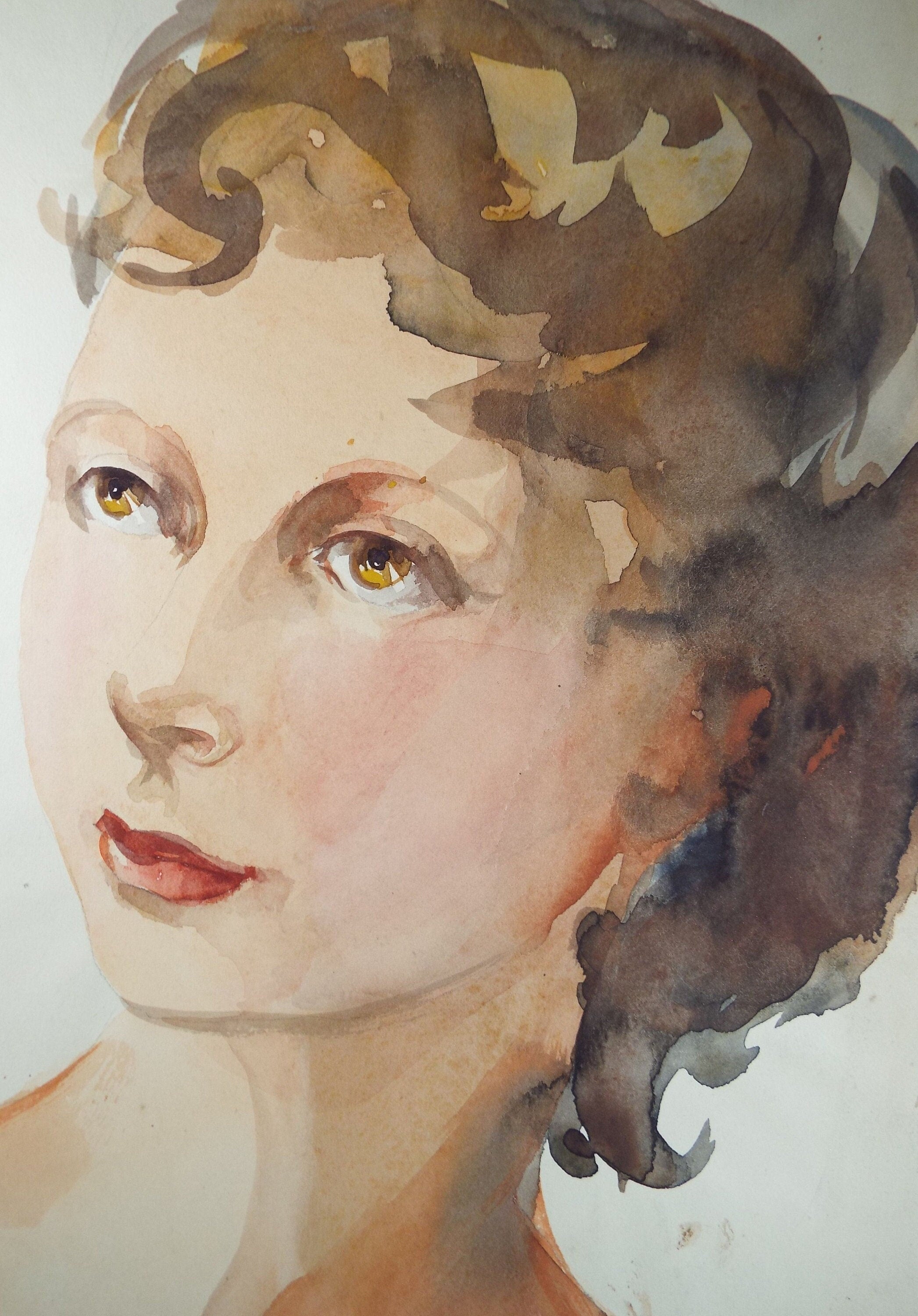 Original Watercolour and Gouache, 'Portrait of an Elegant Brunette Woman', c1950's, Artist Unknown