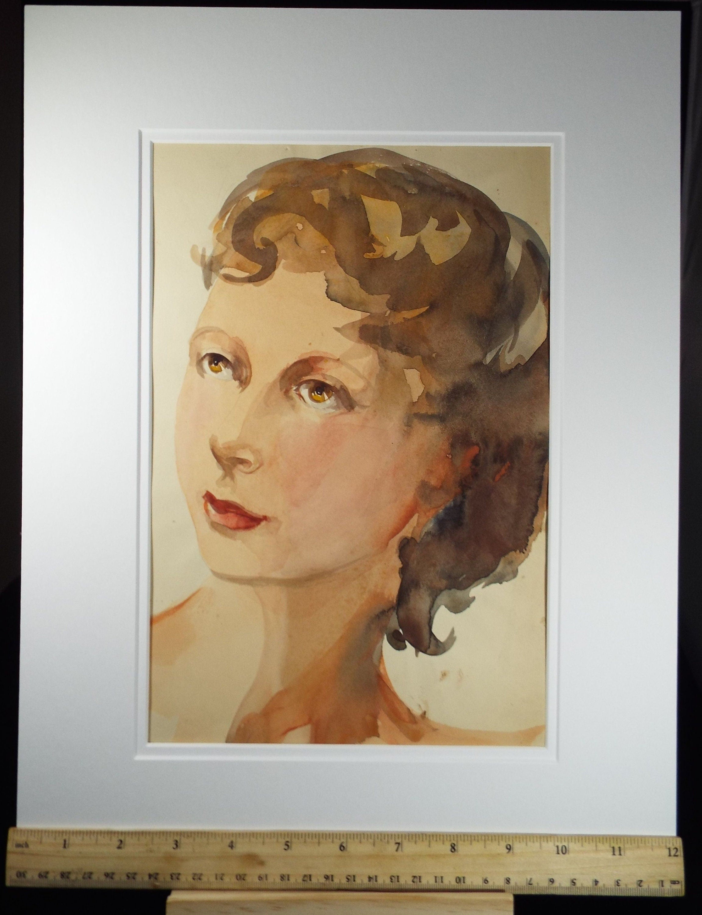 Original Watercolour and Gouache, 'Portrait of an Elegant Brunette Woman', c1950's, Artist Unknown