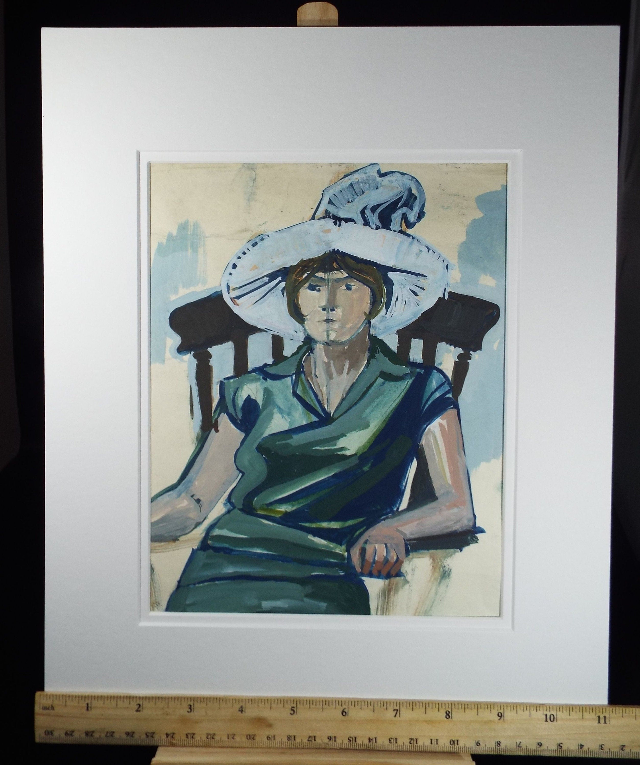 Original Watercolour and Gouache, 'Portrait of Seated Woman with Green Dress and Extravagant Hat', c1970's, Artist Unknown