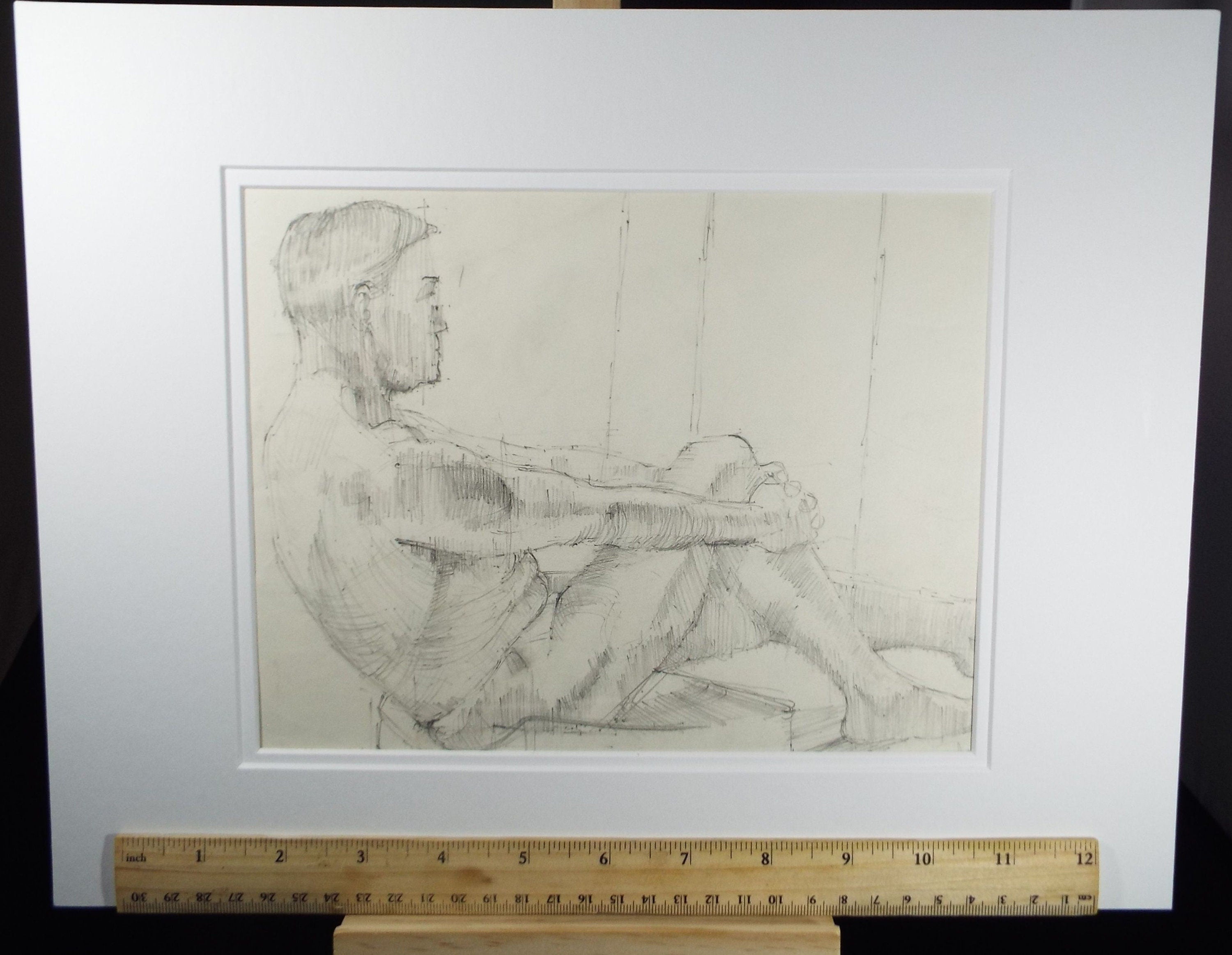 Original Pencil Drawing 'Seated Male Nude', c1980s, Artist Unknown