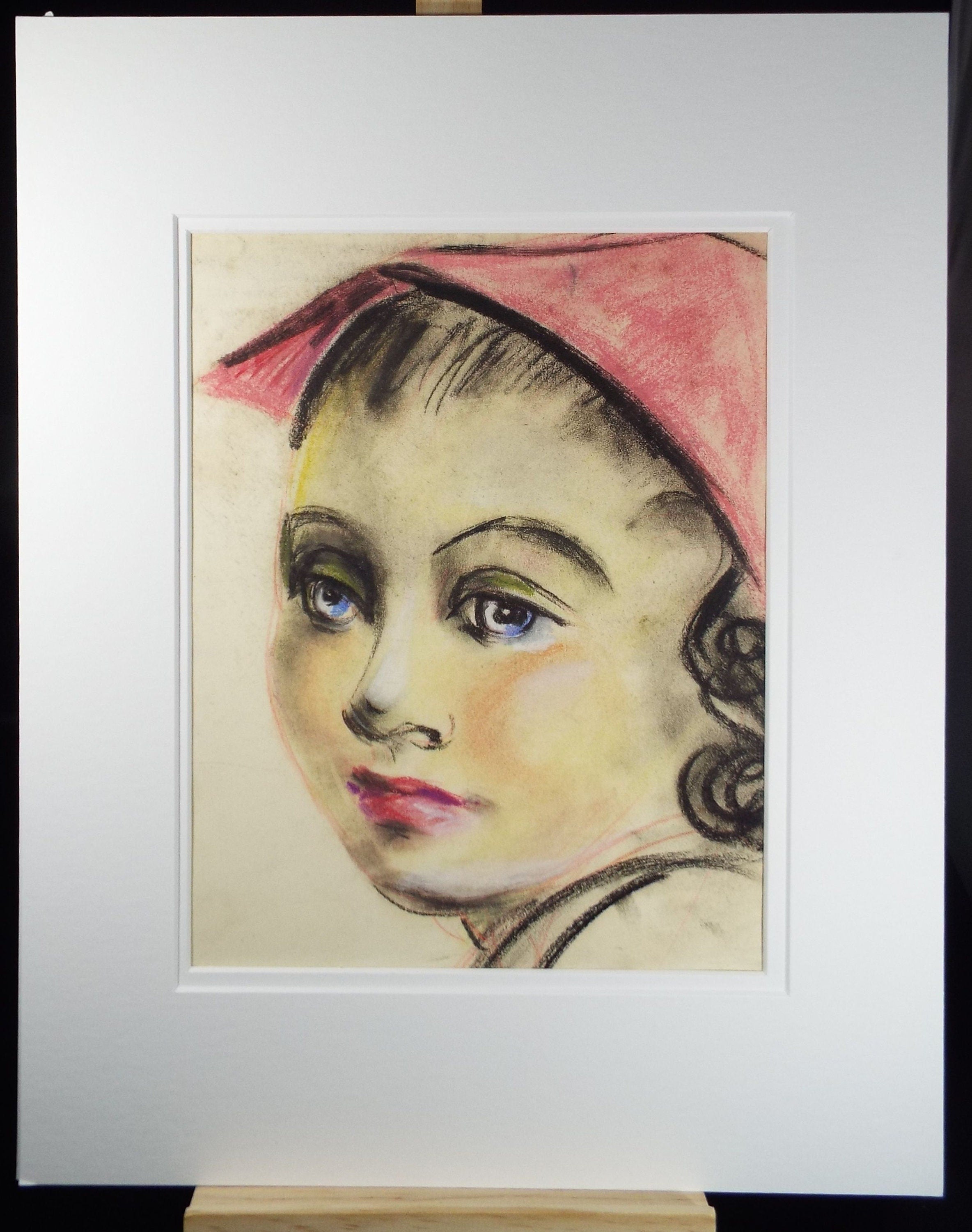 Original pastel 'Portrait of a Girl in a Pink Hat, c1960s, Artist Unknown