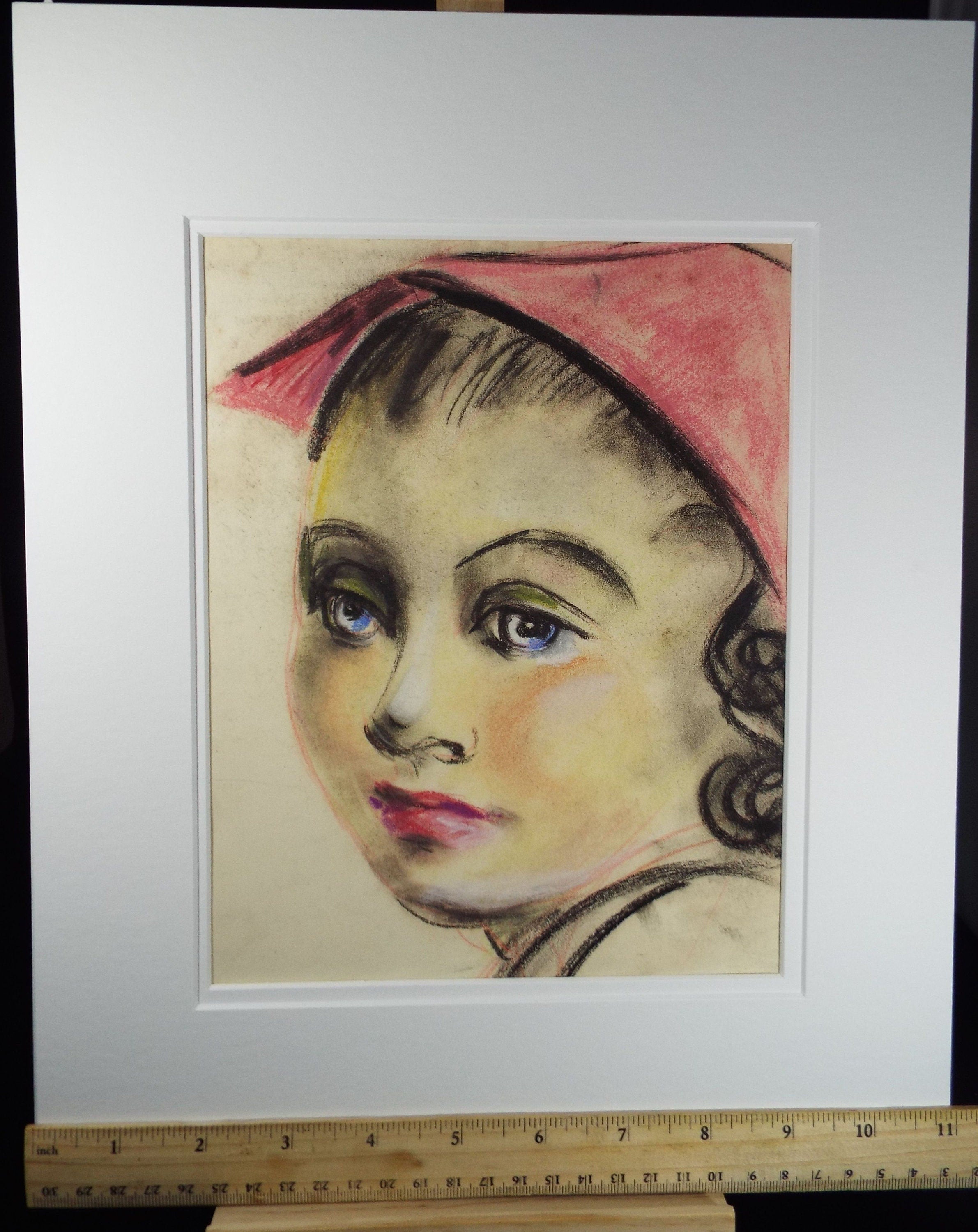 Original pastel 'Portrait of a Girl in a Pink Hat, c1960s, Artist Unknown