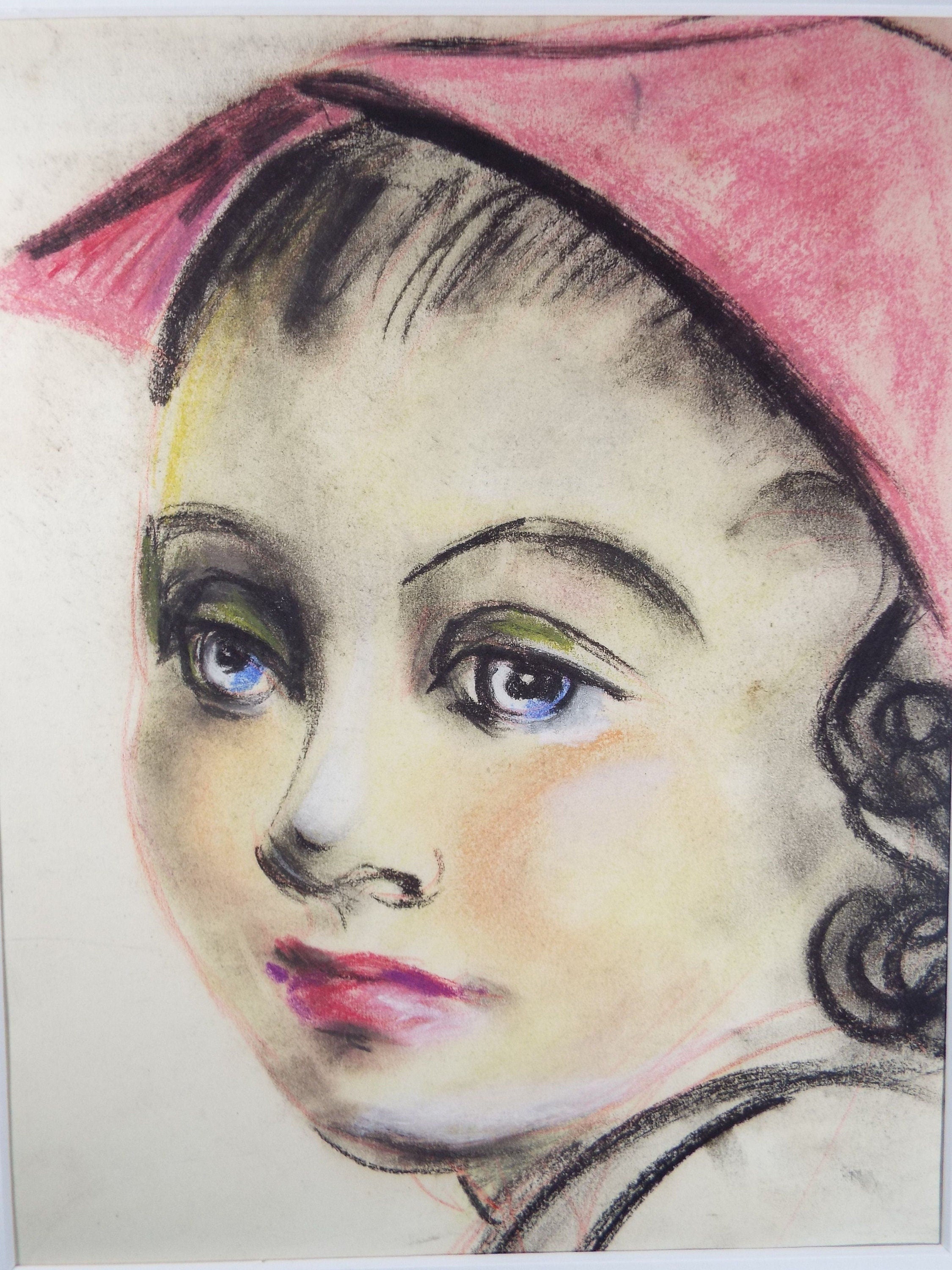 Original pastel 'Portrait of a Girl in a Pink Hat, c1960s, Artist Unknown