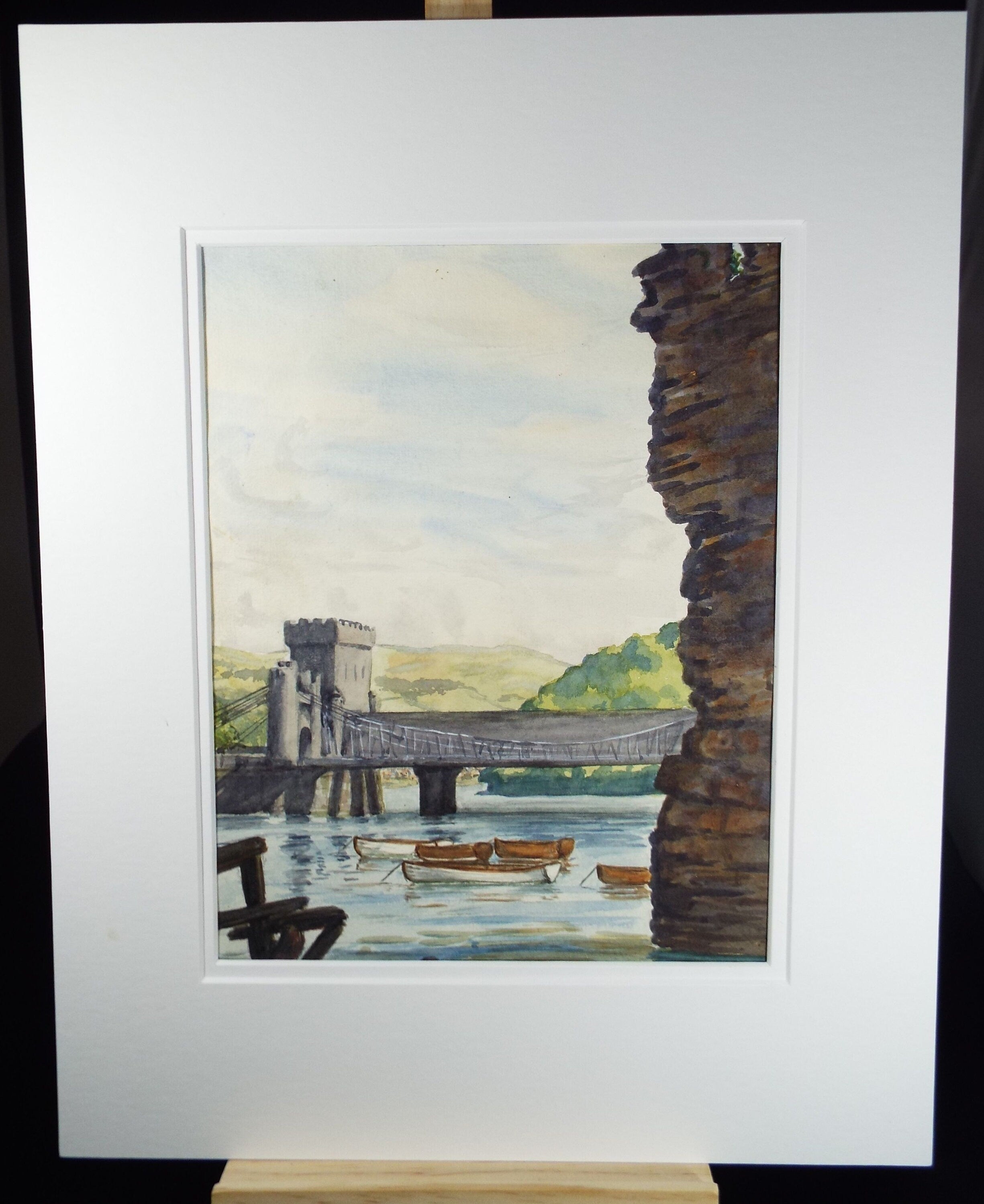 Original Watercolour, 'Conwy Suspension Bridge with Skiffs', c1970, Unknown Artist