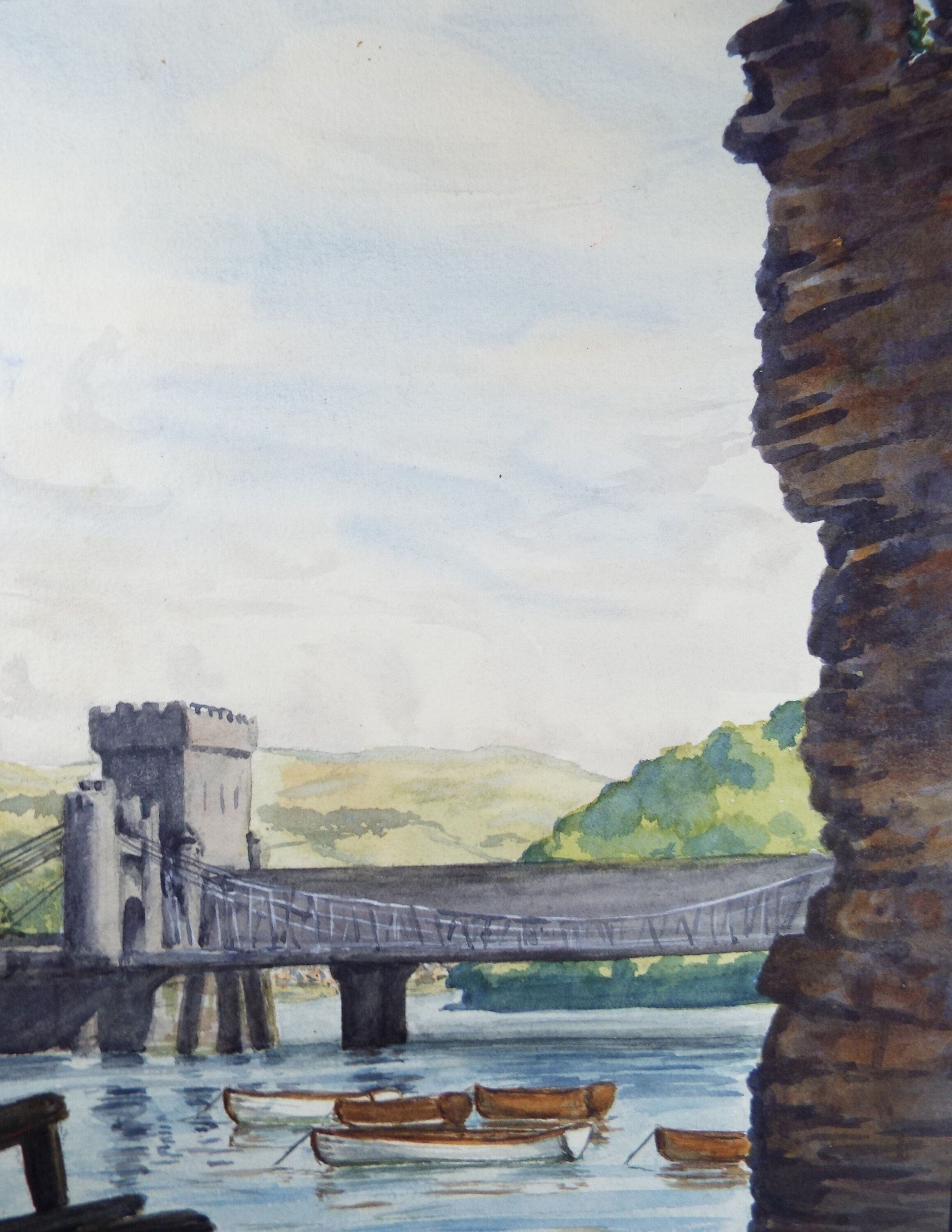 Original Watercolour, 'Conwy Suspension Bridge with Skiffs', c1970, Unknown Artist