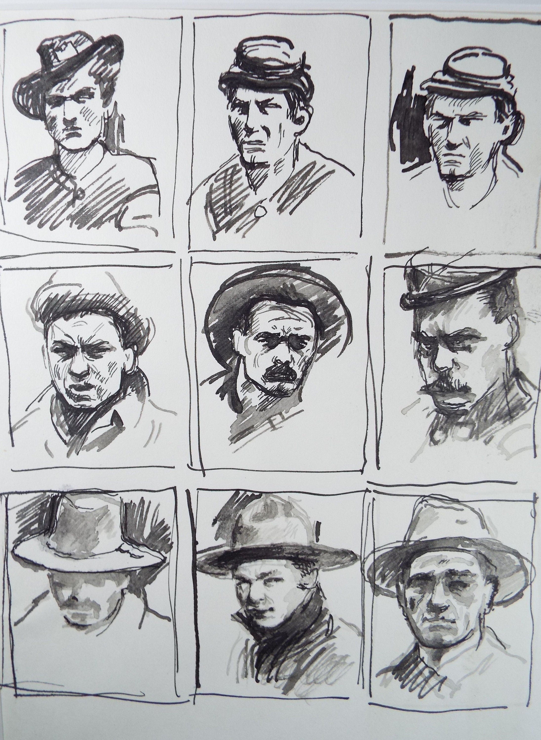 Original Pen and Black Wash Sketch 'Portraits of American Soldiers in Civil war Uniform', c1990s, Michael Stennett (British 1946-2020)