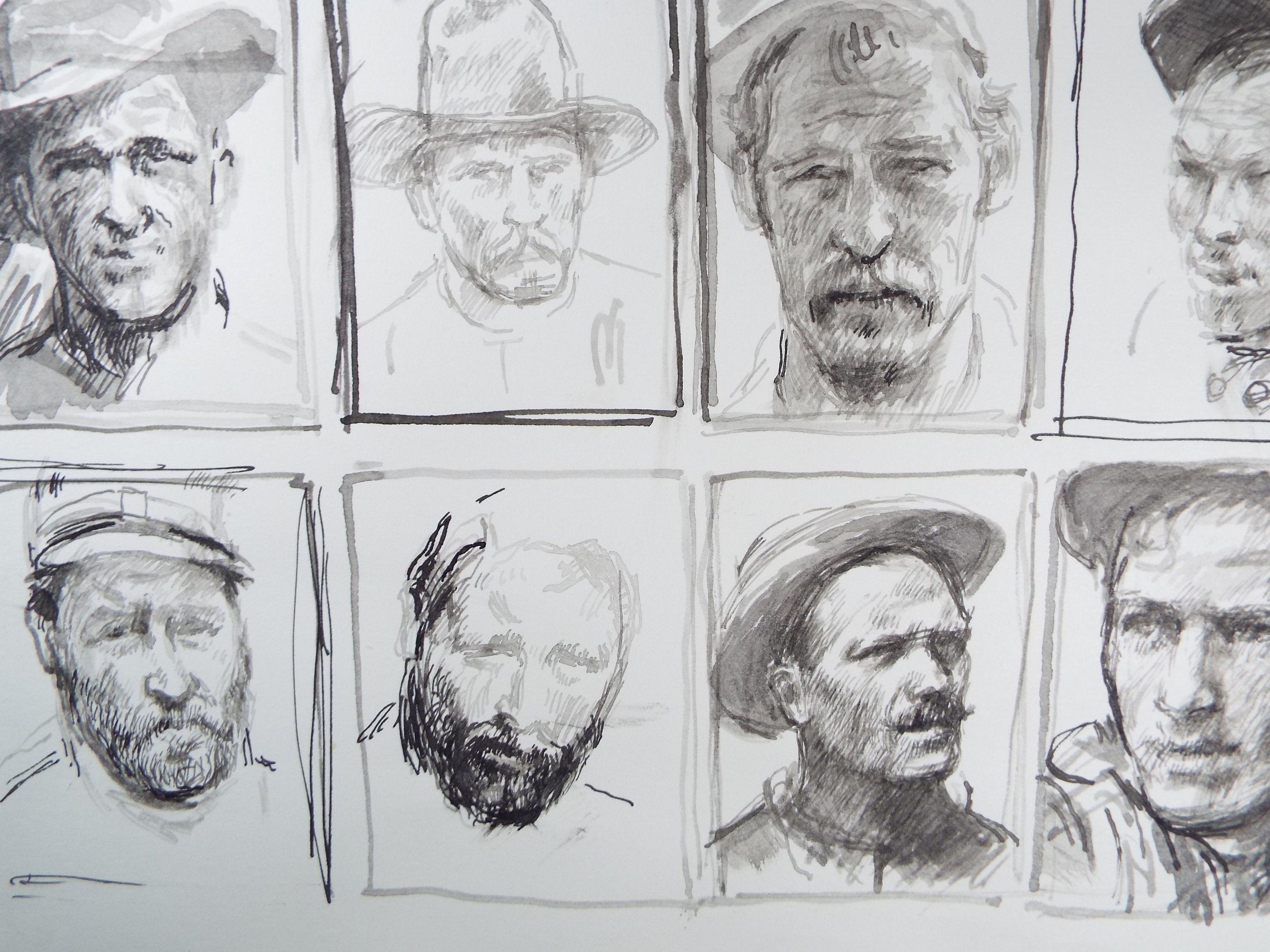 Original Pen and Black Wash Sketch 'Portraits of American Soldiers in Civil war Uniform', c1990s, Michael Stennett (British 1946-2020)