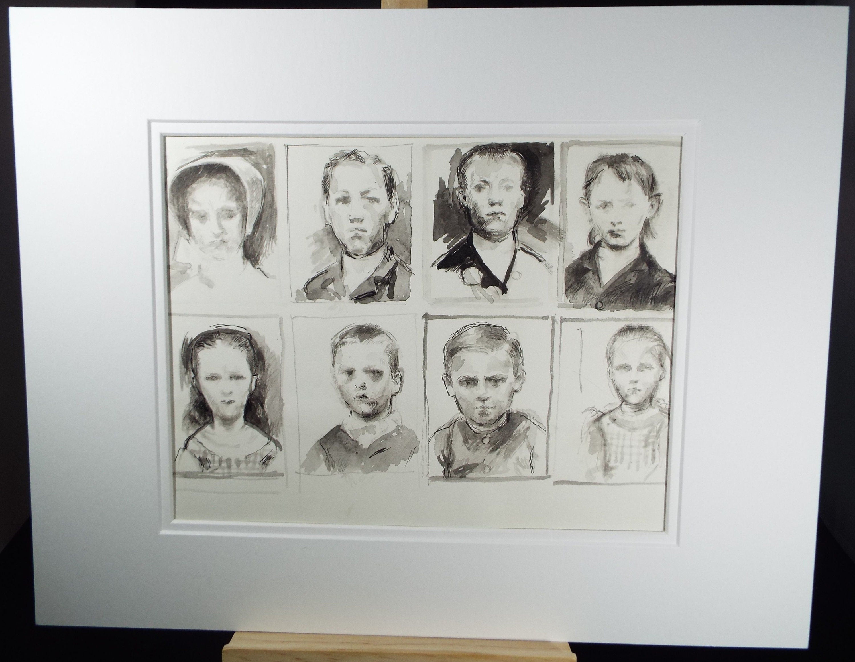 Original Pen and Black Wash Sketch 'Portraits of Boys and Girls', c1990s, Michael Stennett (British 1946-2020)