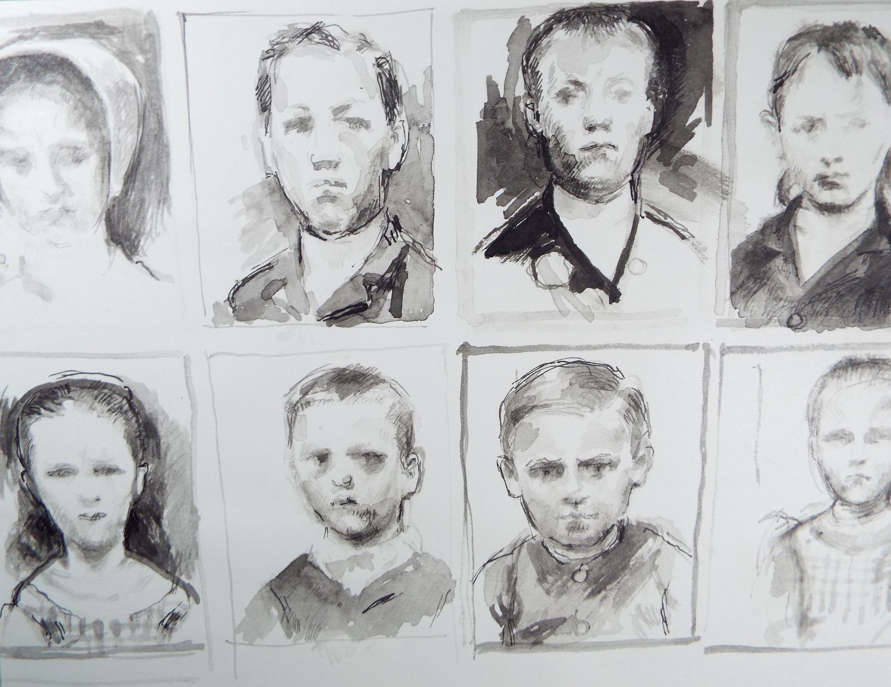 Original Pen and Black Wash Sketch 'Portraits of Boys and Girls', c1990s, Michael Stennett (British 1946-2020)