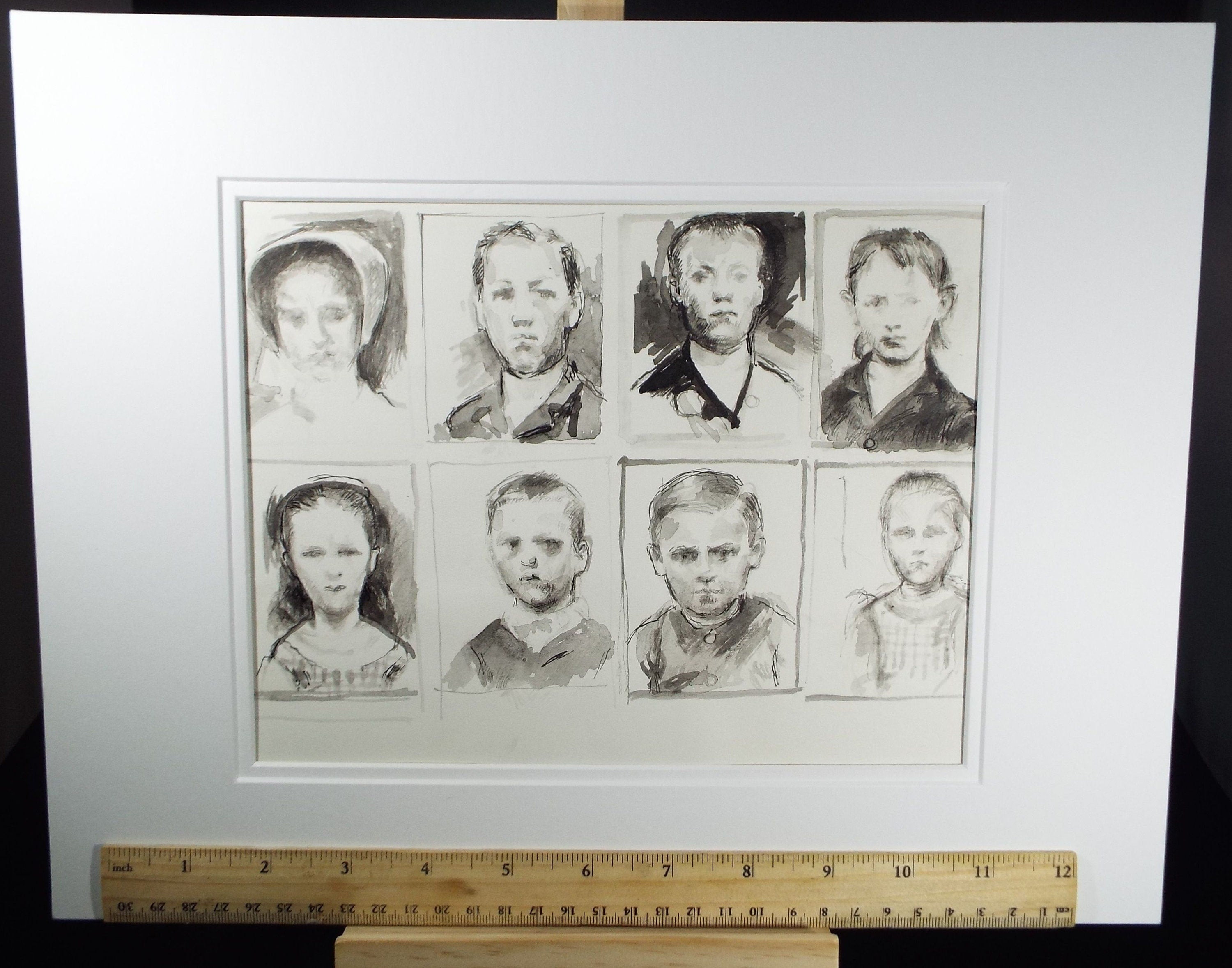 Original Pen and Black Wash Sketch 'Portraits of Boys and Girls', c1990s, Michael Stennett (British 1946-2020)