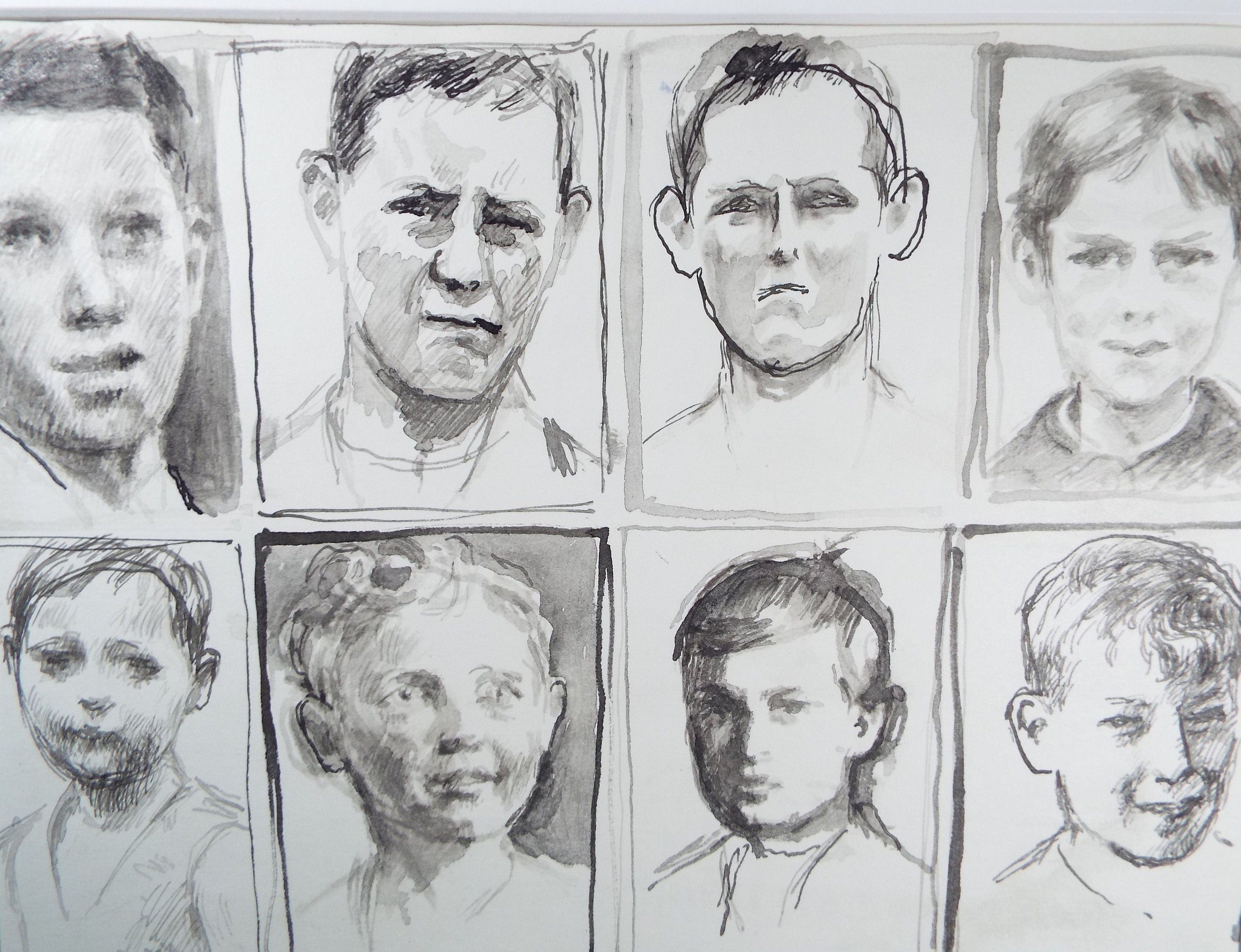 Original Pen and Black Wash Sketch 'Portraits of Boys', c1990s, Michael Stennett (British 1946-2020)