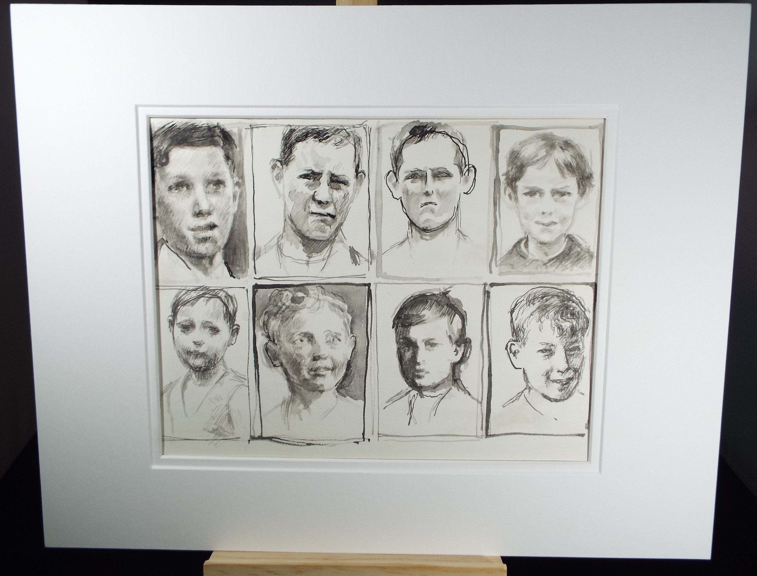 Original Pen and Black Wash Sketch 'Portraits of Boys', c1990s, Michael Stennett (British 1946-2020)