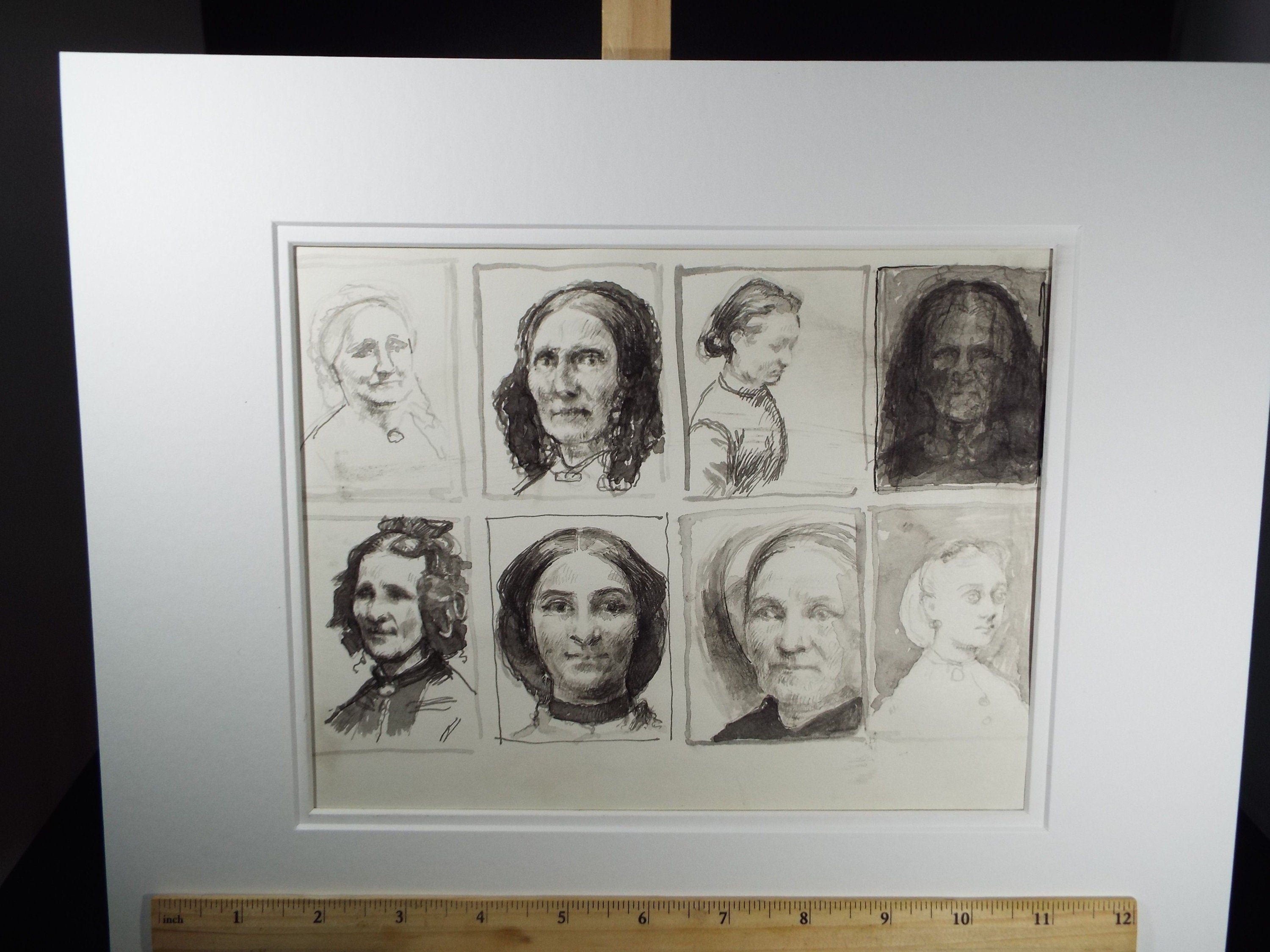 Original Pen and Black Wash Sketch 'Grisaille Portraits of Victorian Women', c1990s, Michael Stennett (British 1946-2020)