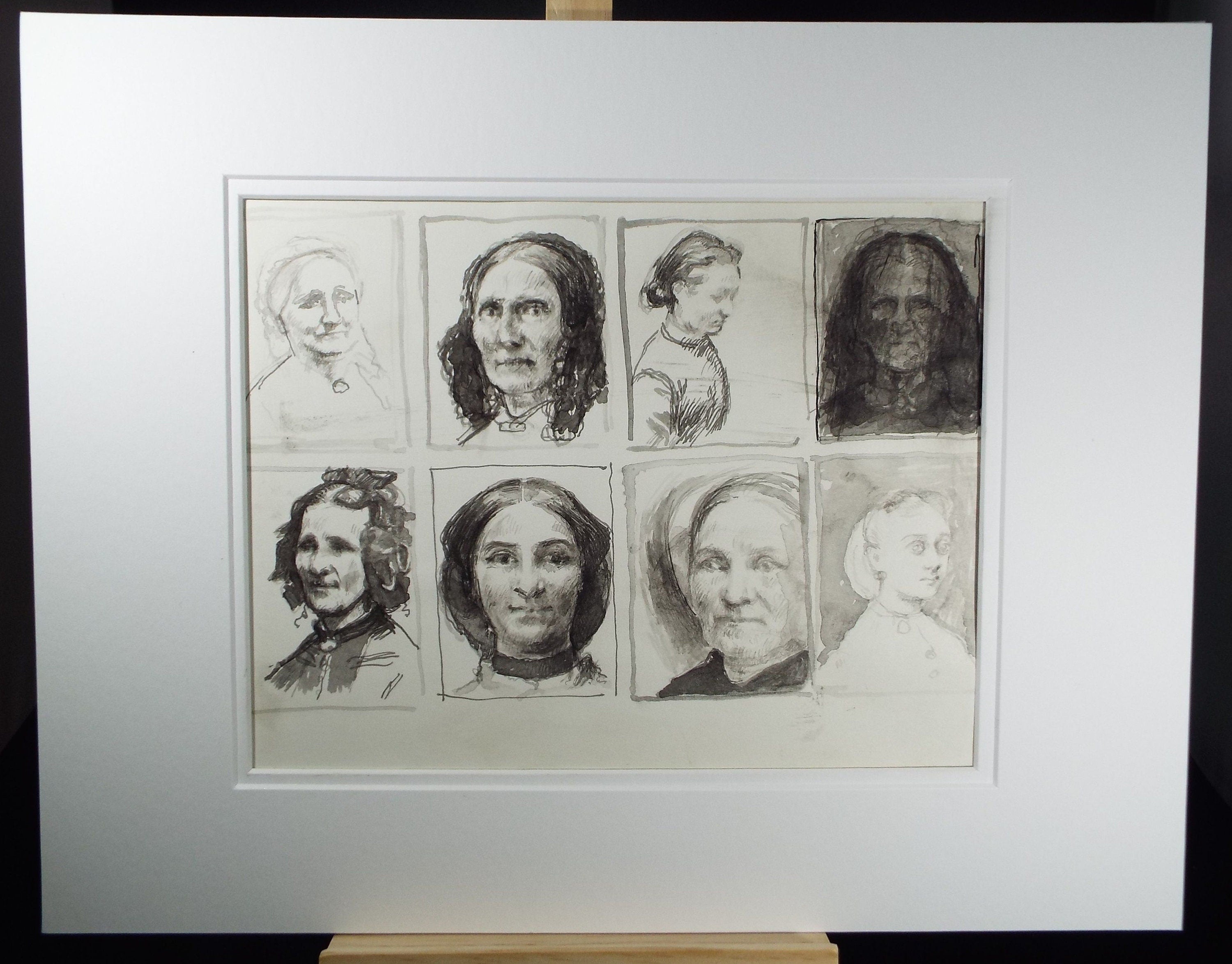 Original Pen and Black Wash Sketch 'Grisaille Portraits of Victorian Women', c1990s, Michael Stennett (British 1946-2020)