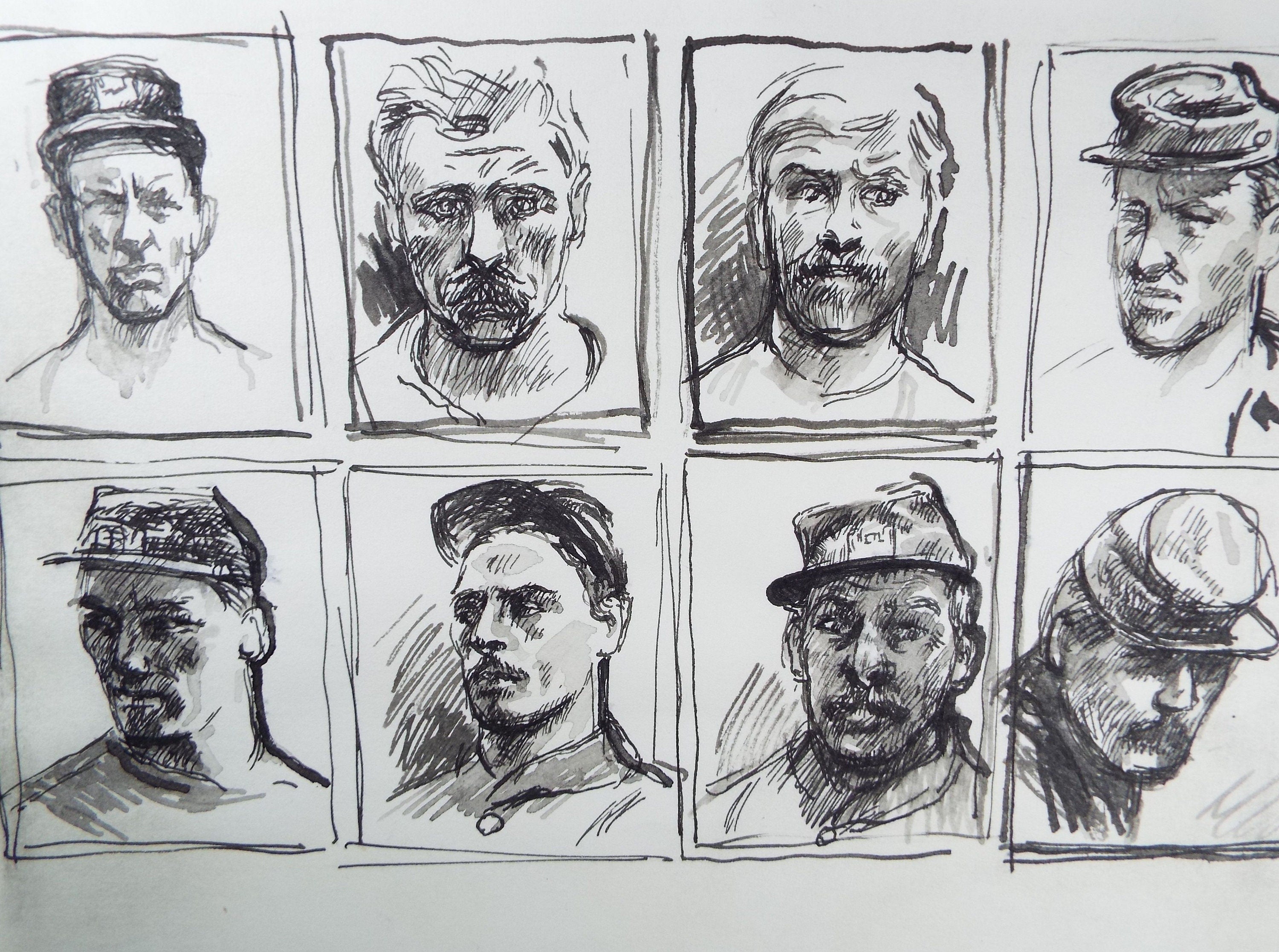 Original Pen and Black Wash Sketch 'Portraits of American Soldiers in Civil war Uniform', c1990s, Michael Stennett (British 1946-2020)