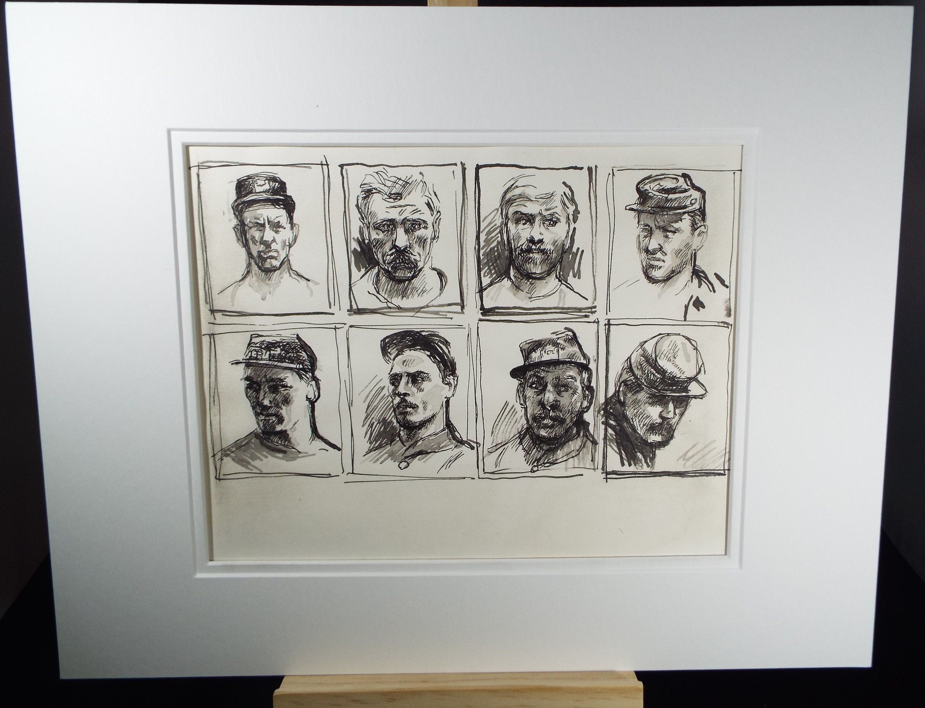 Original Pen and Black Wash Sketch 'Portraits of American Soldiers in Civil war Uniform', c1990s, Michael Stennett (British 1946-2020)