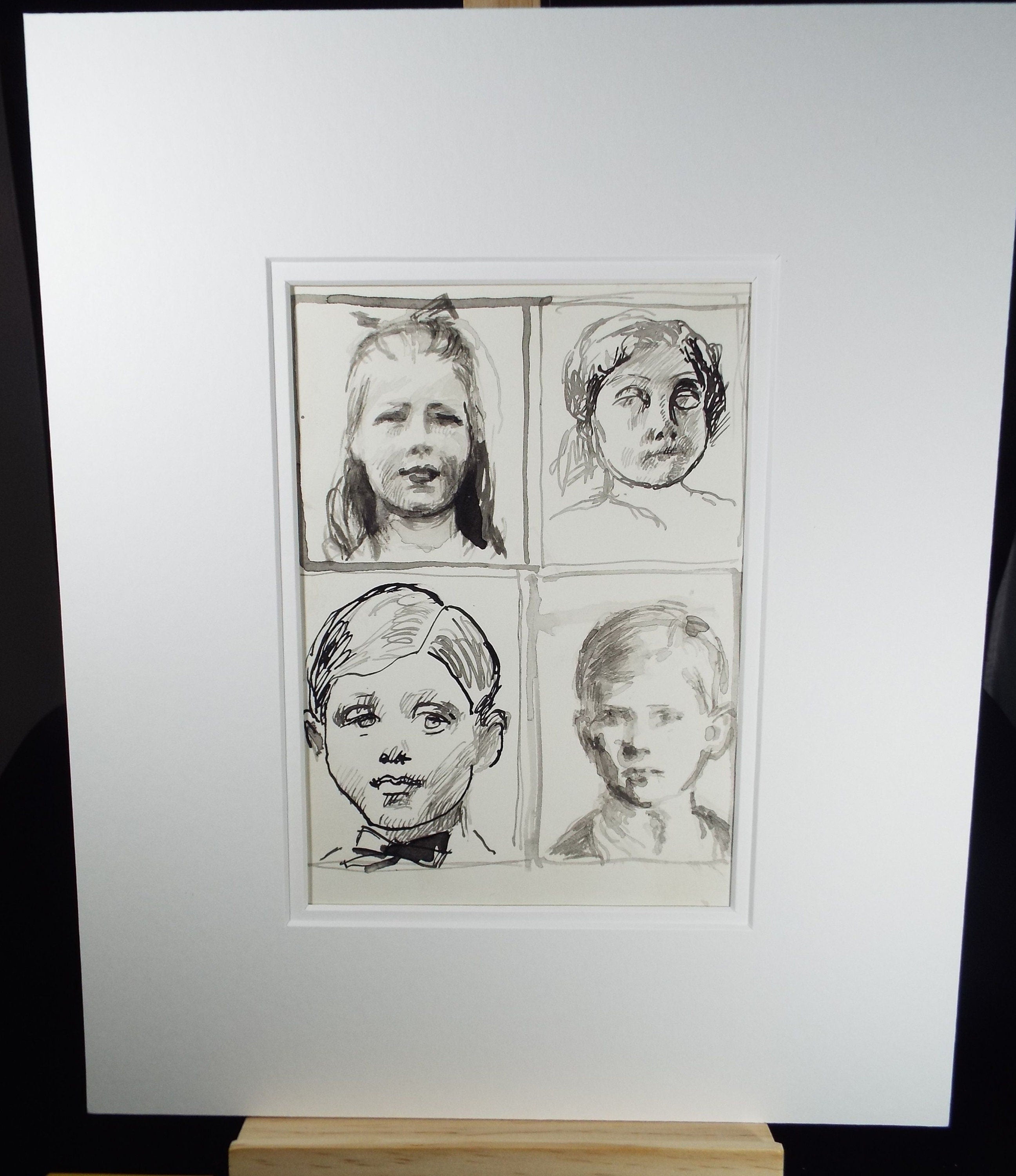 Original Pen and Black Wash Sketch 'Portraits of Boys and Girls', c1990s, Michael Stennett (British 1946-2020)