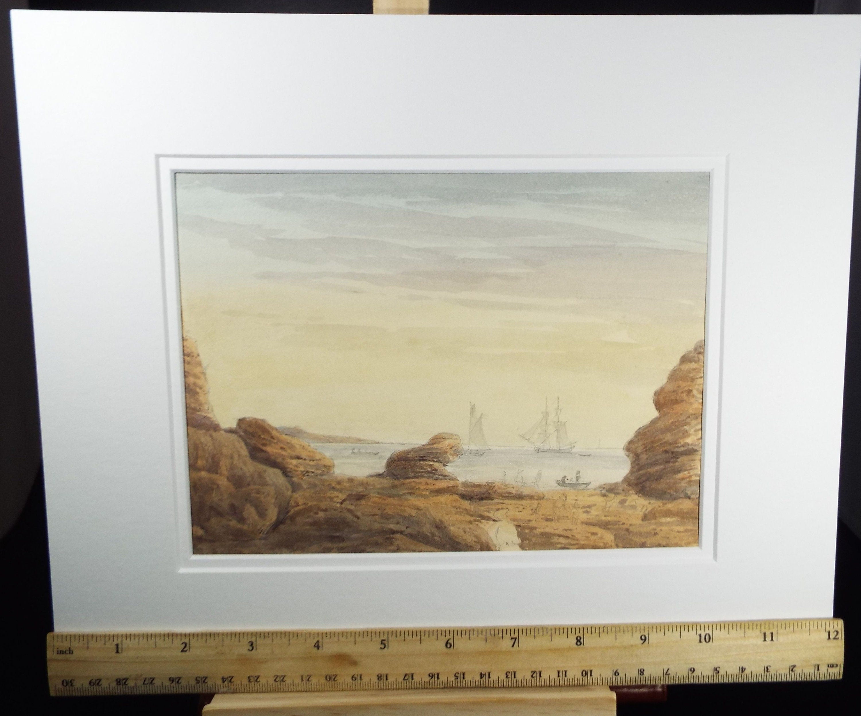 Original Watercolour c1820's, 'Rocky Bay with Shipping' Unknown Artist - Marine Landscape - Tall Ships at Sea and Unloading
