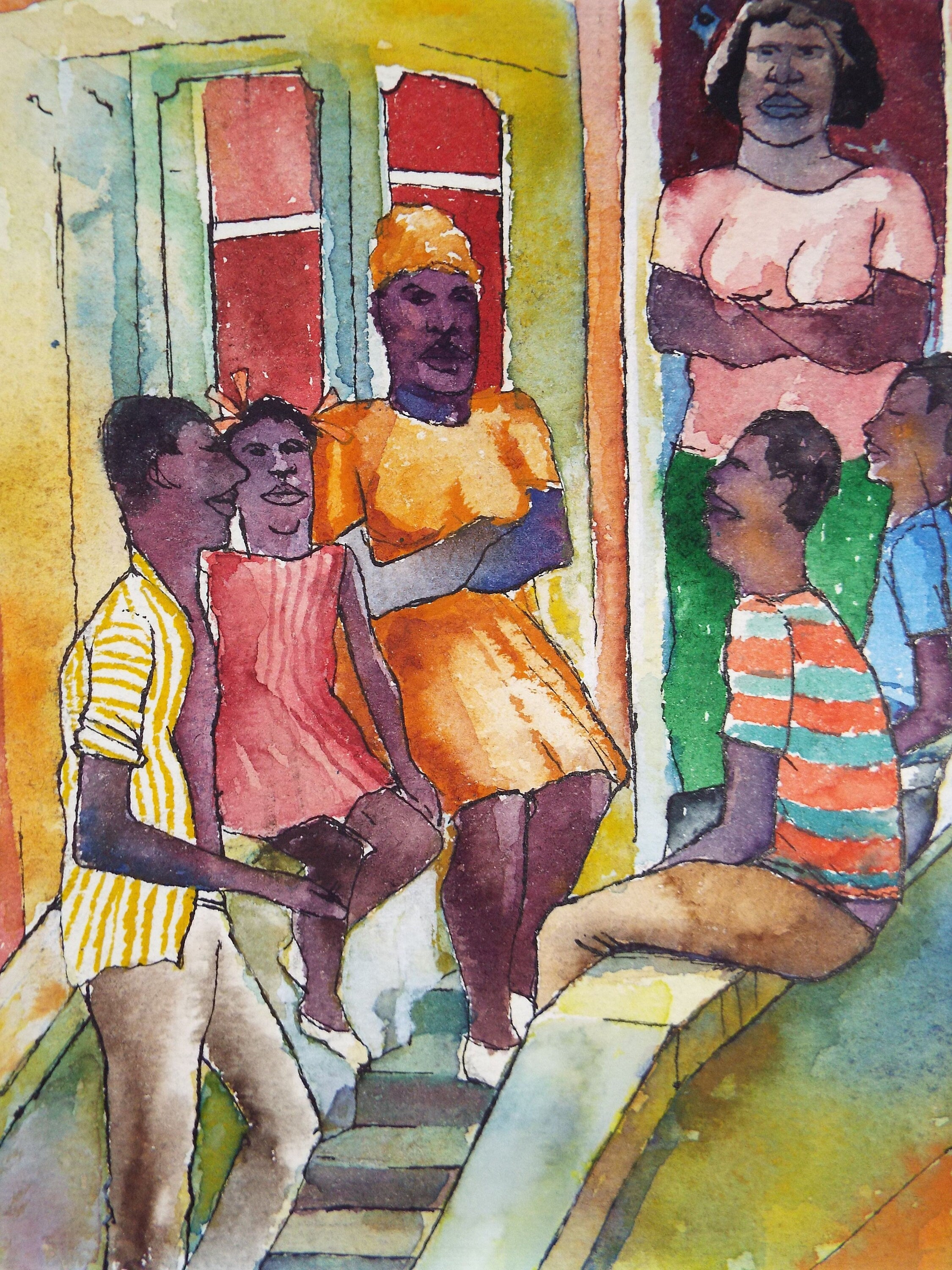 Original Watercolour, 20th Century Scottish School, 'Family on the Steps' c1980's - Donald Mackenzie b 1944