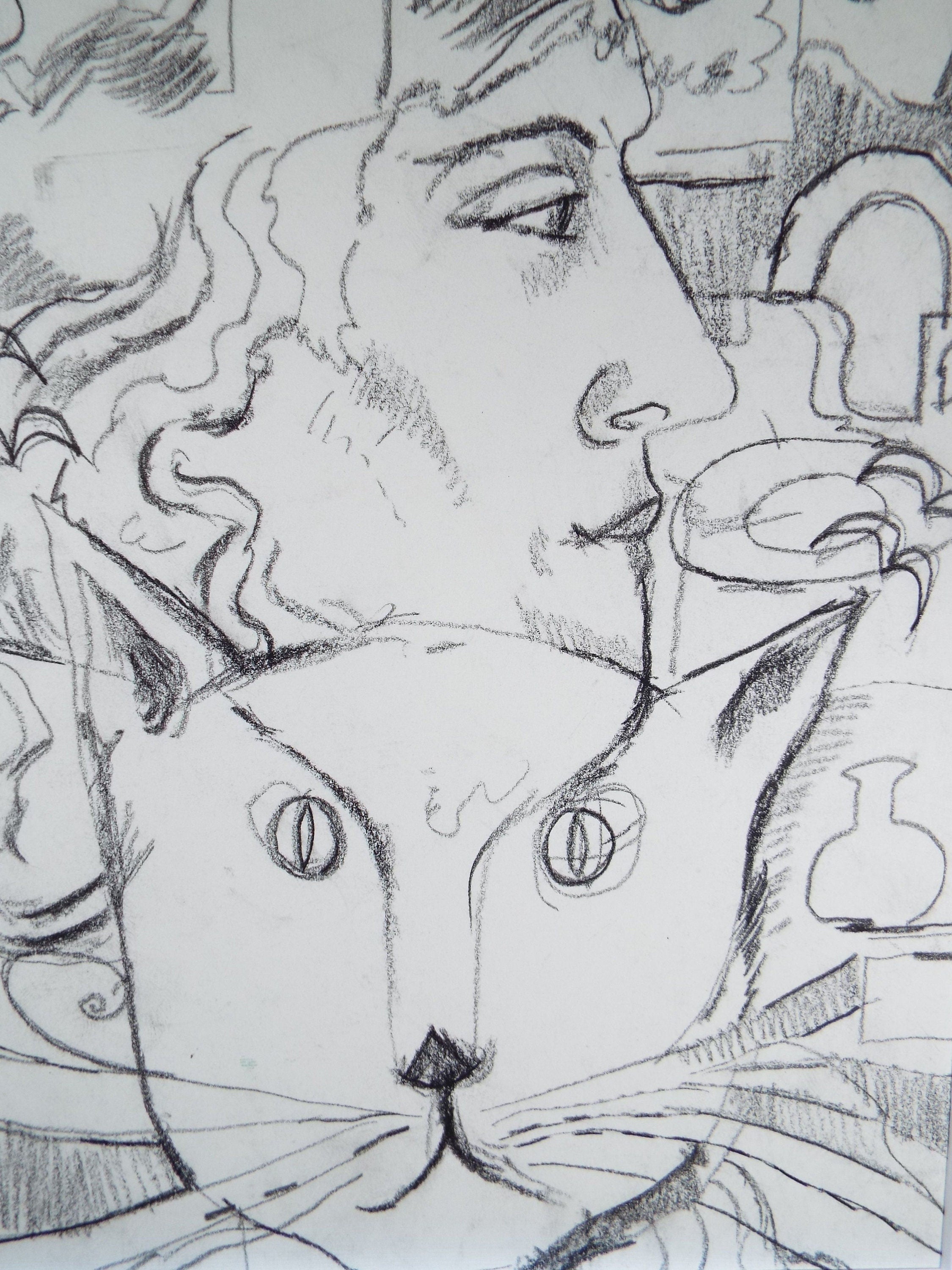 Pencil Drawing, 'Portait of Woman & Cat' 1980's, 20th Century Scottish School - Circle of Donald Mackenzie
