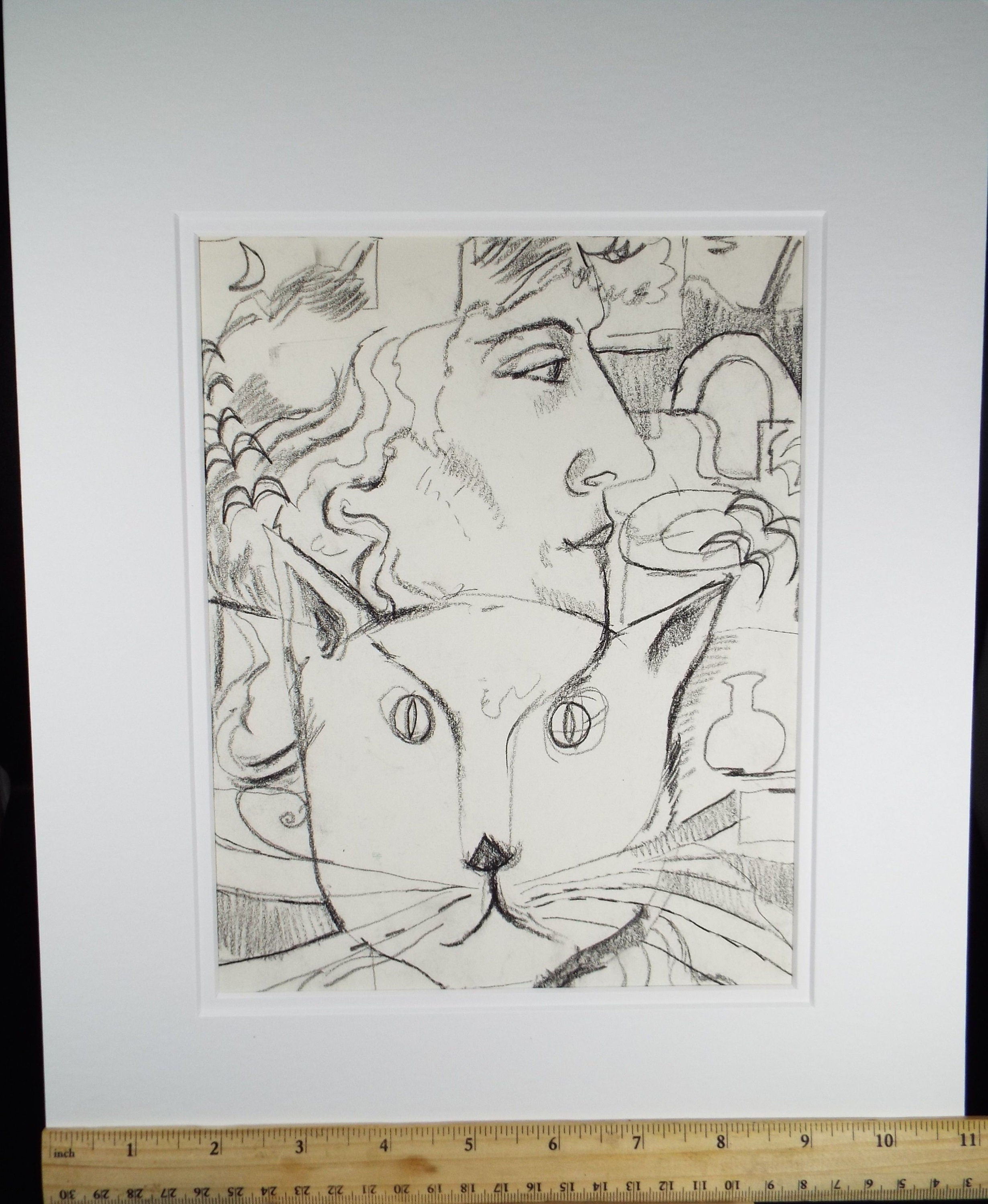Pencil Drawing, 'Portait of Woman & Cat' 1980's, 20th Century Scottish School - Circle of Donald Mackenzie