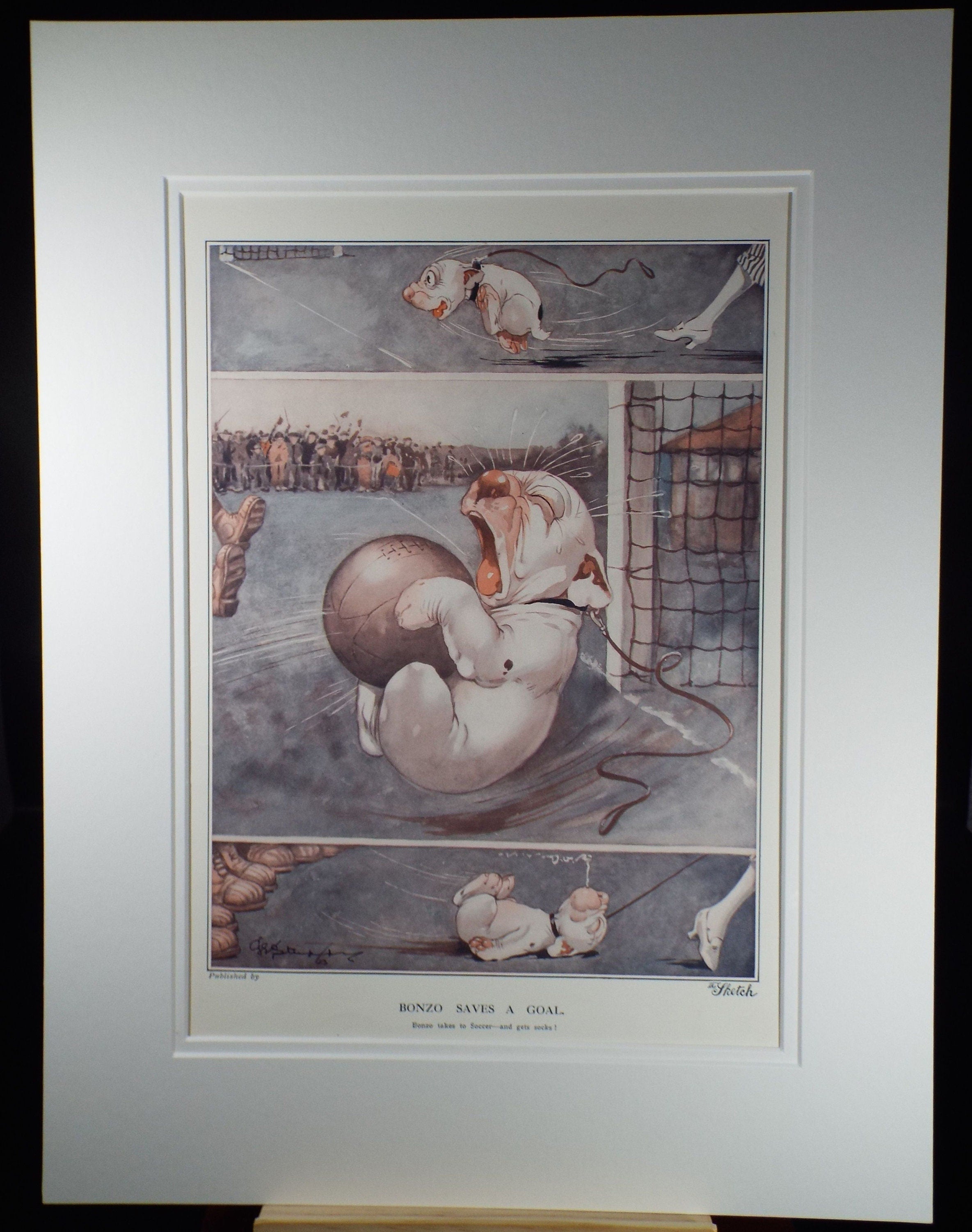 Bonzo the Dog - G. E Studdy, 'Bonzo saves a Goal', Vintage 1920's Print, Large in size, Published by 'The Sketch' magazine