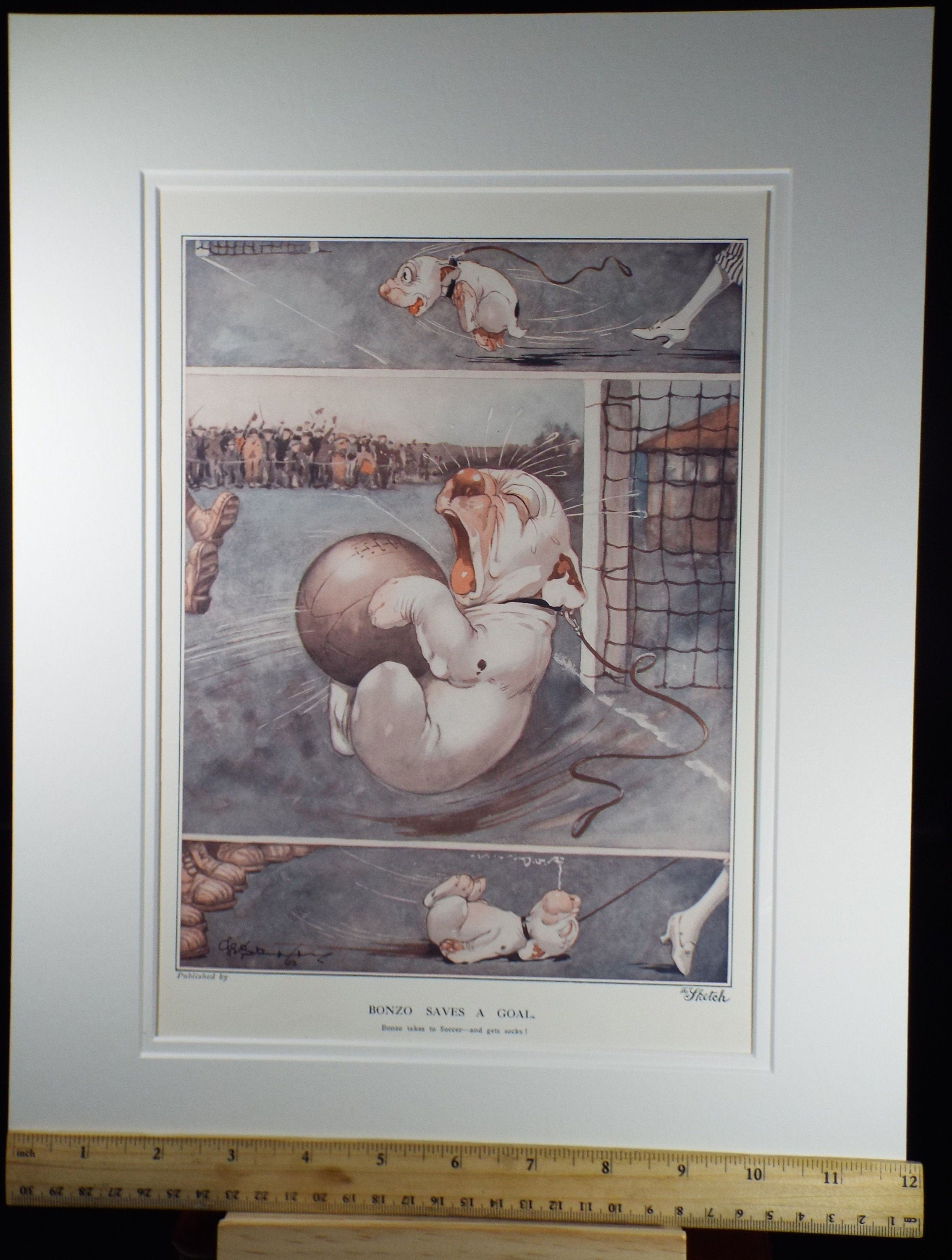 Bonzo the Dog - G. E Studdy, 'Bonzo saves a Goal', Vintage 1920's Print, Large in size, Published by 'The Sketch' magazine