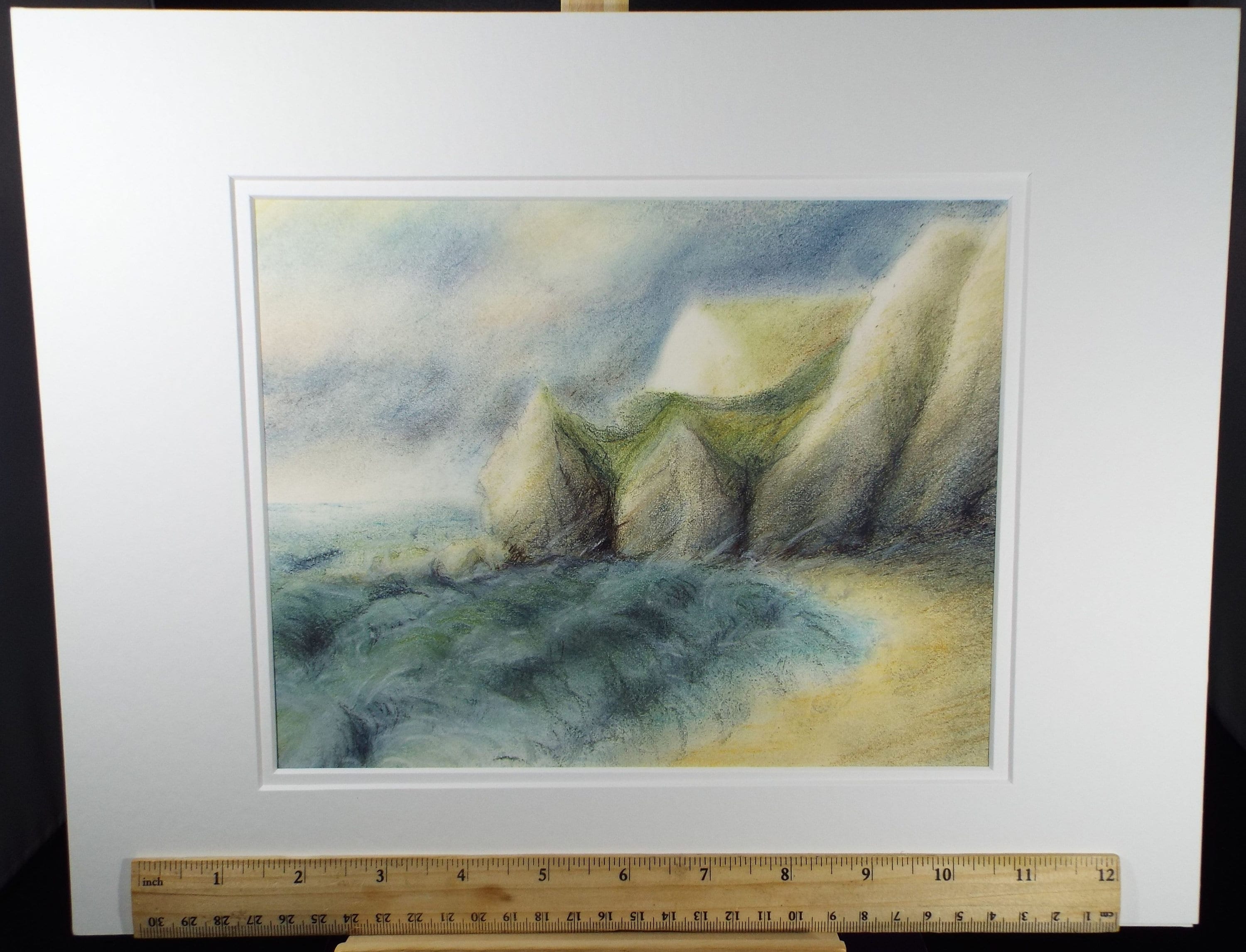Original Pastel, 'Sandy Bay with Cliffs', Olive Van Klaveren (20th Century), Impressionist Coastal Landscape