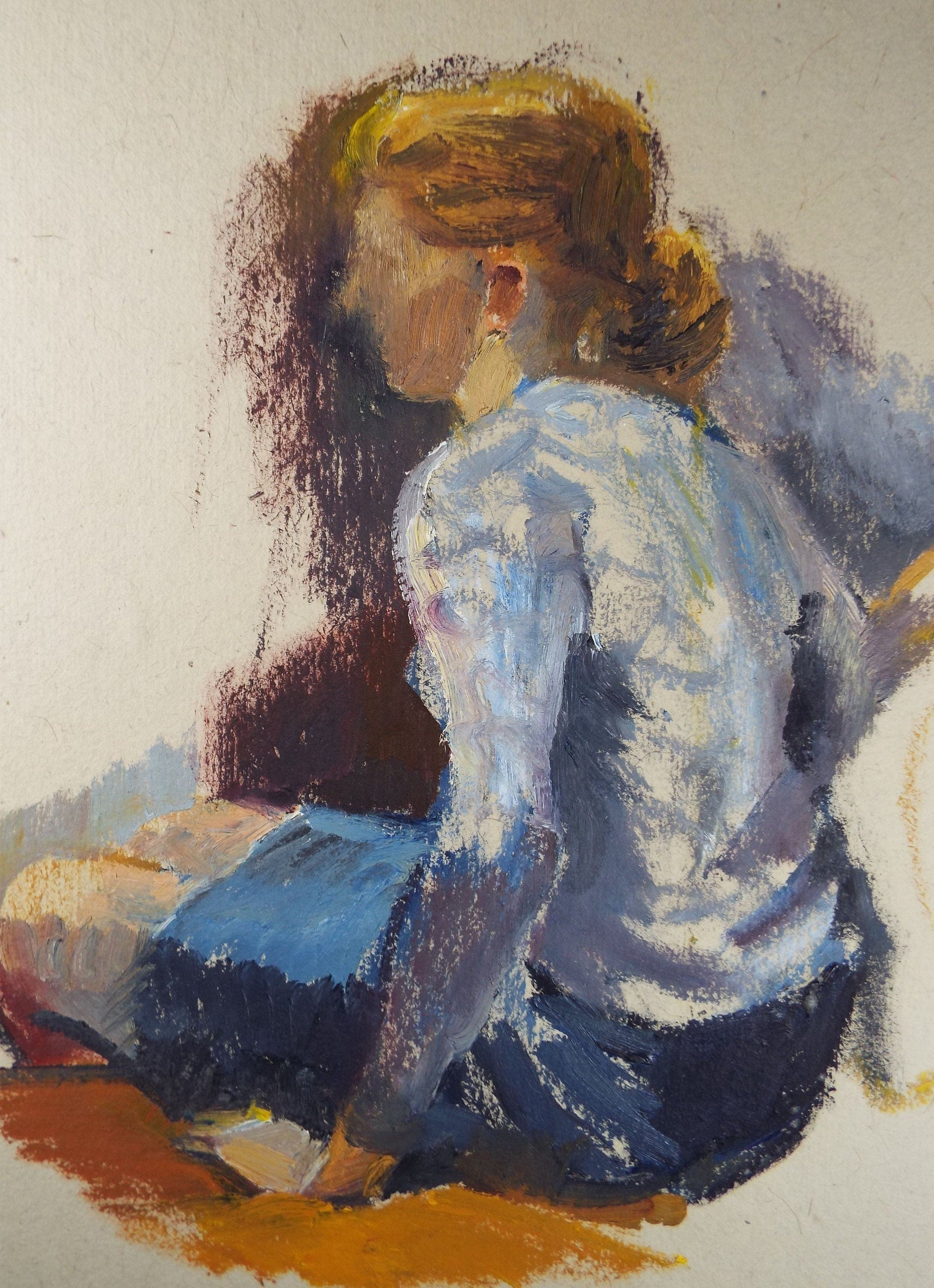 Original Watercolour and Gouache 'Seated woman in blue', c1960's - Franklin White (1892-1975) - portrait of woman with blonde hair