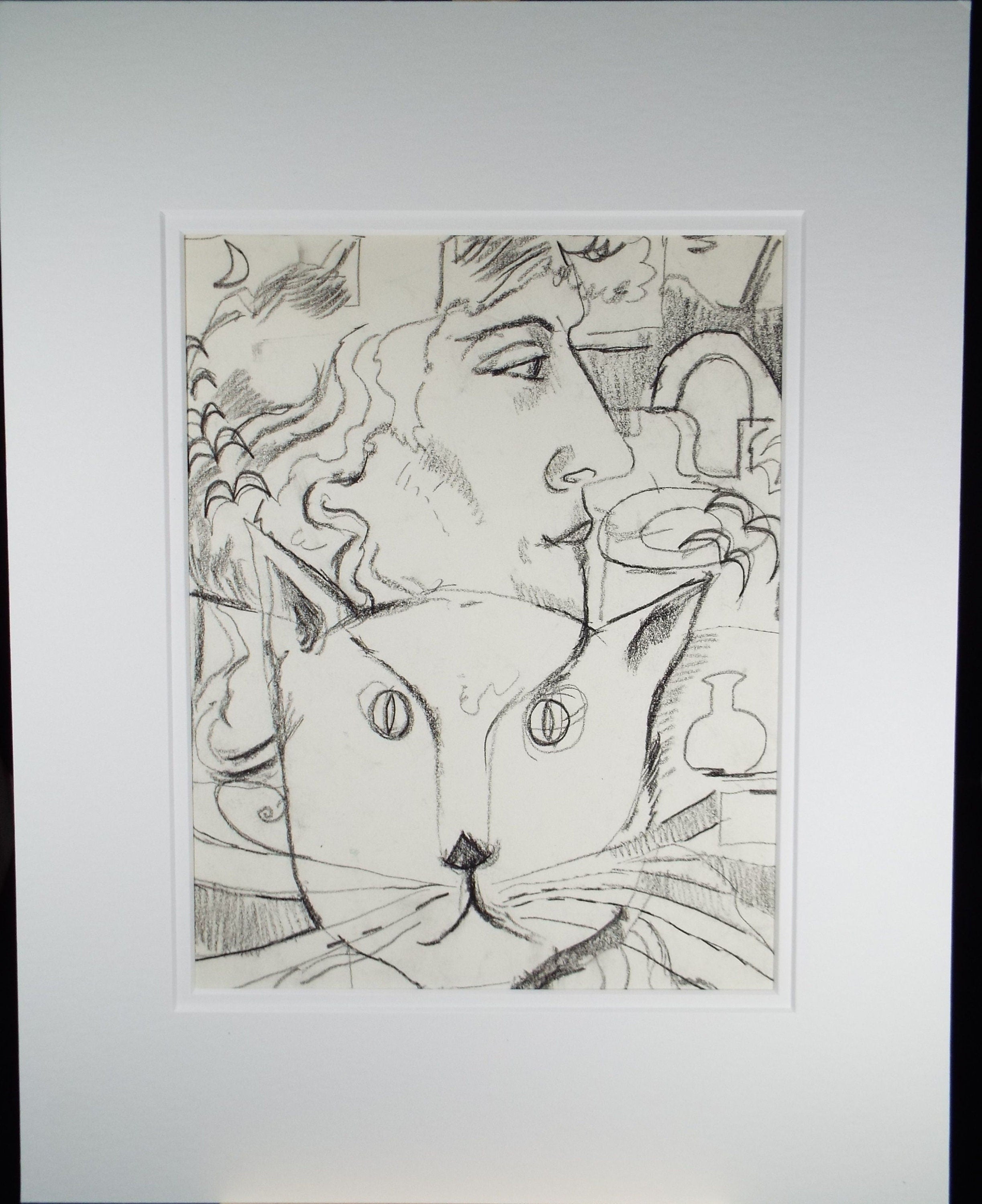 Pencil Drawing, 'Portait of Woman & Cat' 1980's, 20th Century Scottish School - Circle of Donald Mackenzie