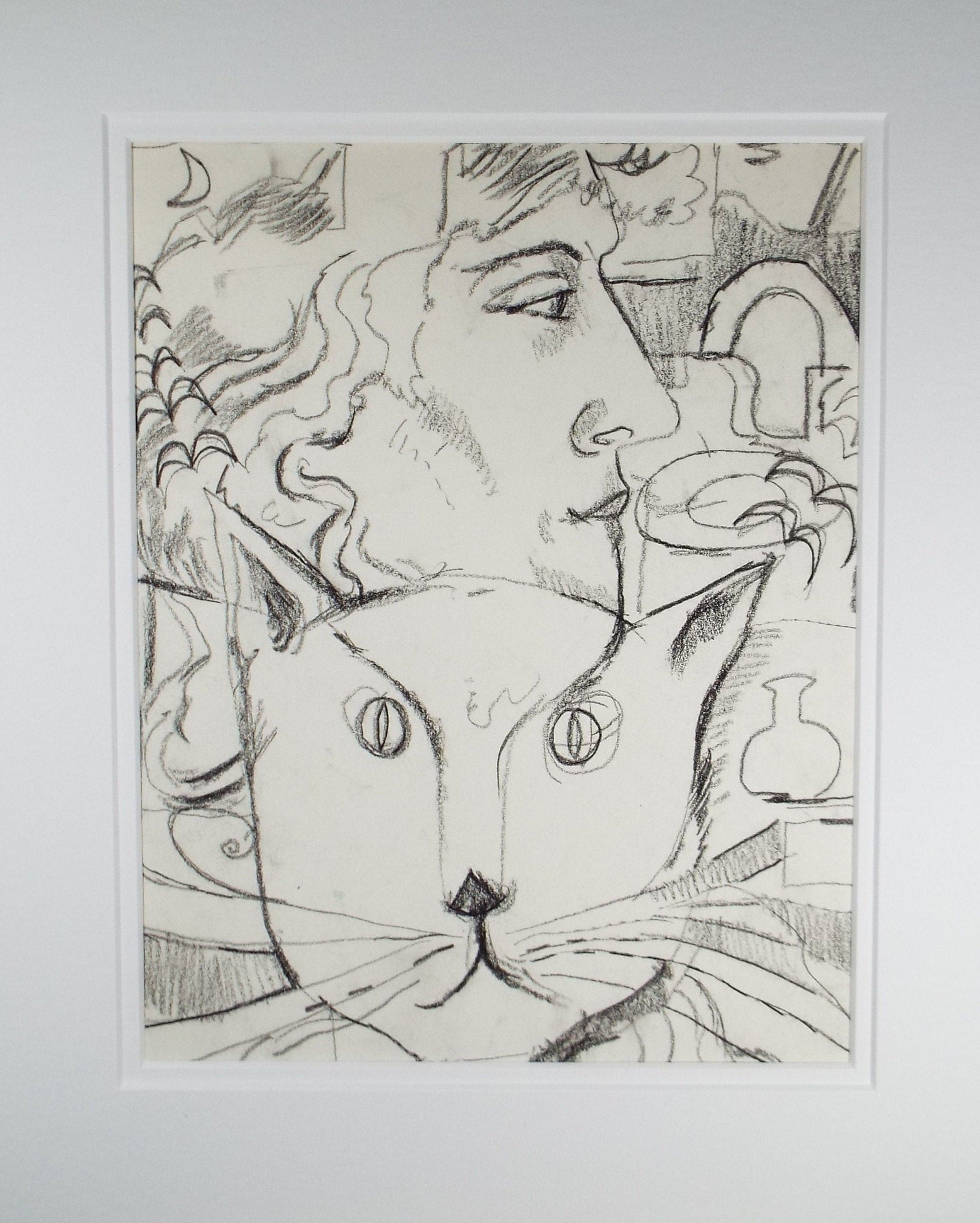 Pencil Drawing, 'Portait of Woman & Cat' 1980's, 20th Century Scottish School - Circle of Donald Mackenzie