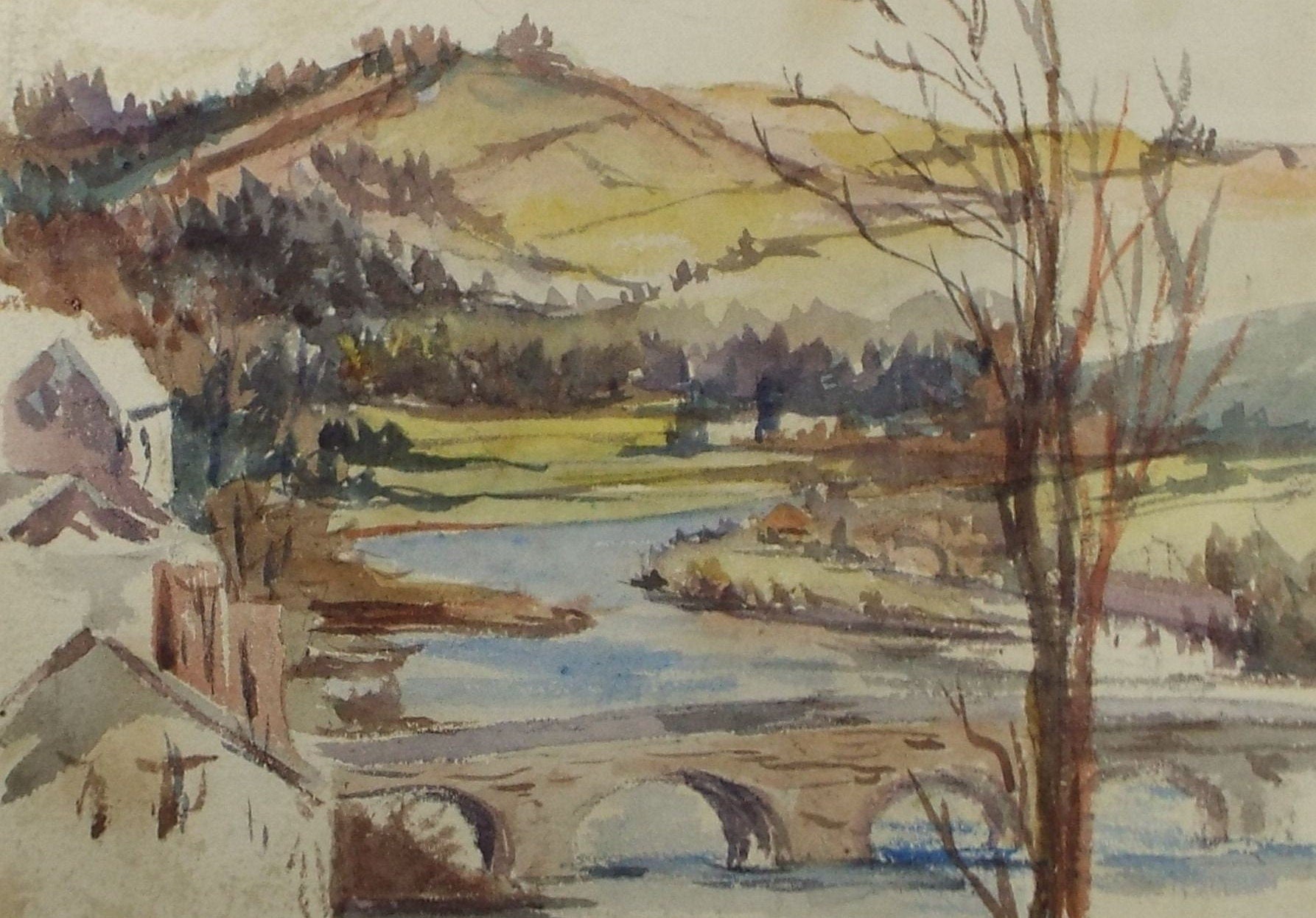 Original Watercolour, Inscribed 'Brecon' River & Town, c1910/20, Artist Unknown